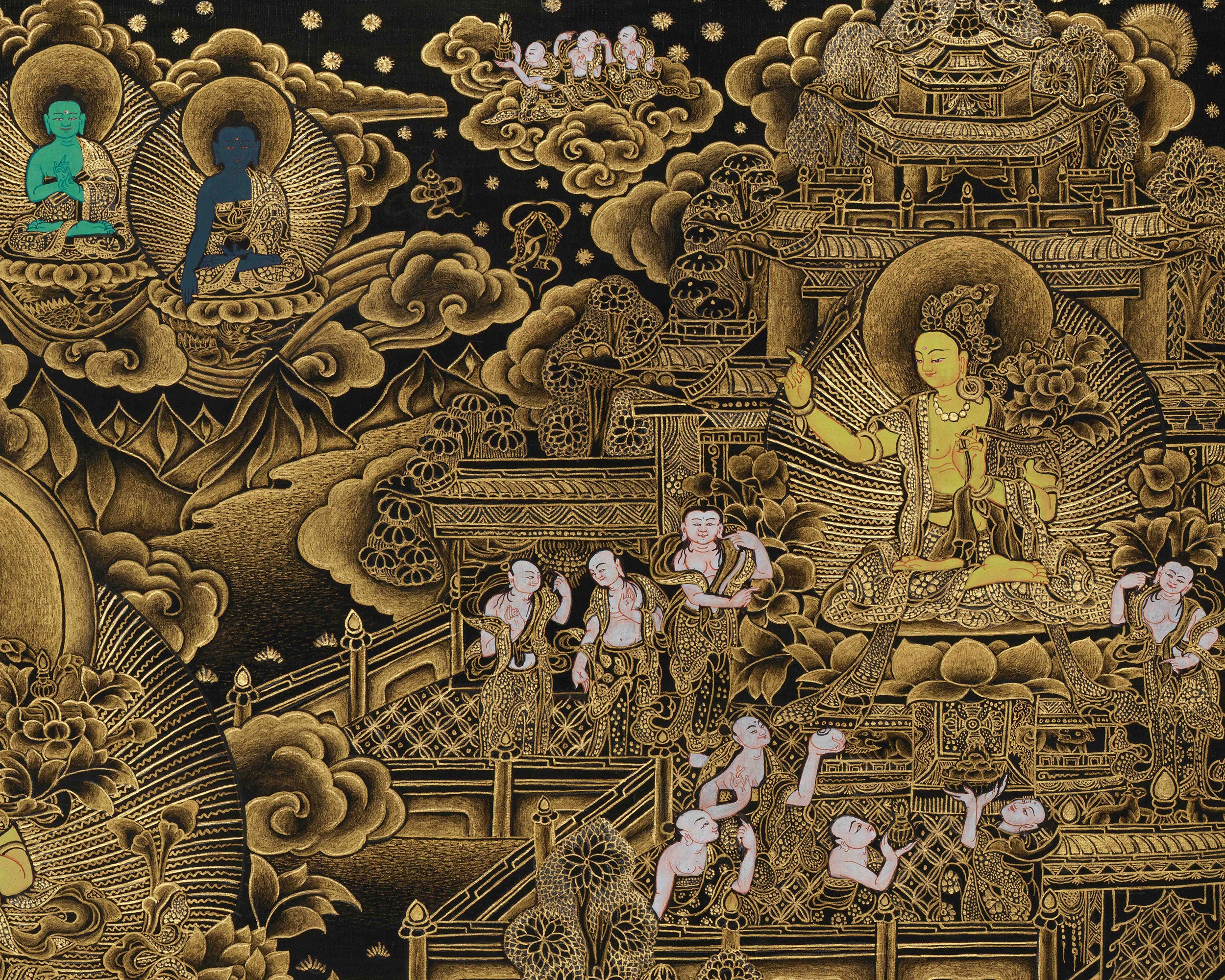 Golden-Hued Vajrayana Buddhist Manjushri Print | Wisdom Deity Wall Art for Altar