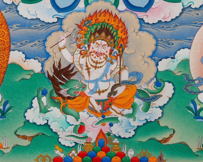 Thangka Print of White Mahakala with Five Jambala: Assembly of Wealth Deities