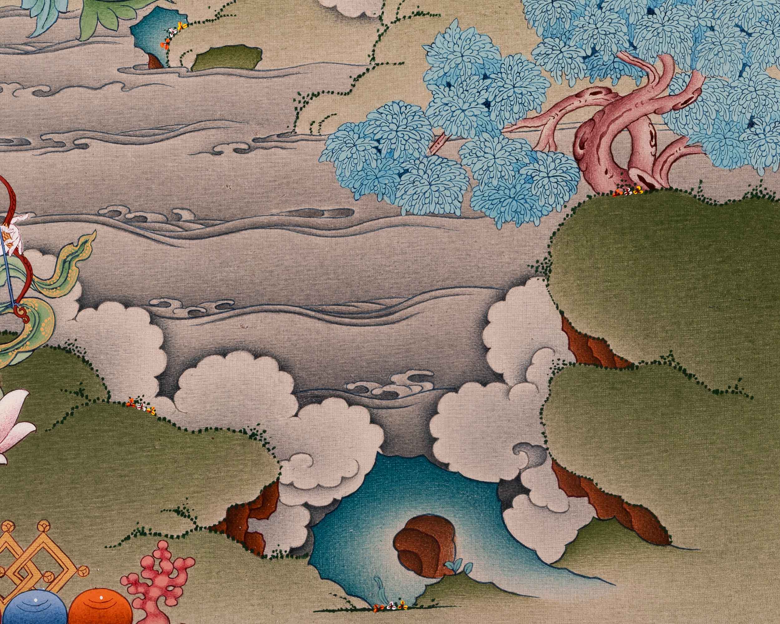 Thangka Print of White Tara | Tibetan Artwork of the Three Longevity Deities
