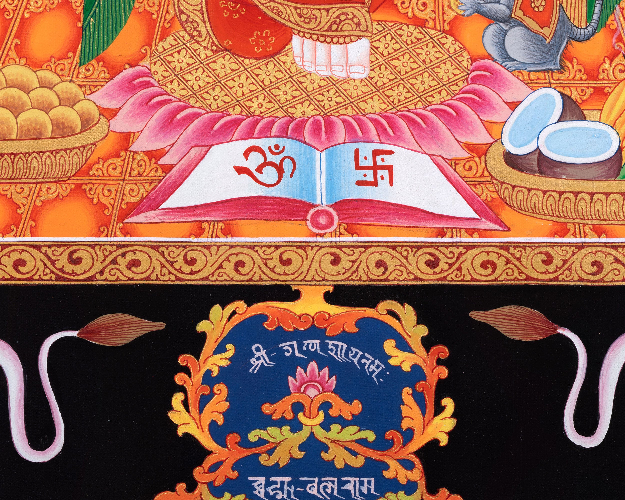 Ganesh Thangka Painting With Kartikeya and Saraswati | Ganapati Baba Canvas Art