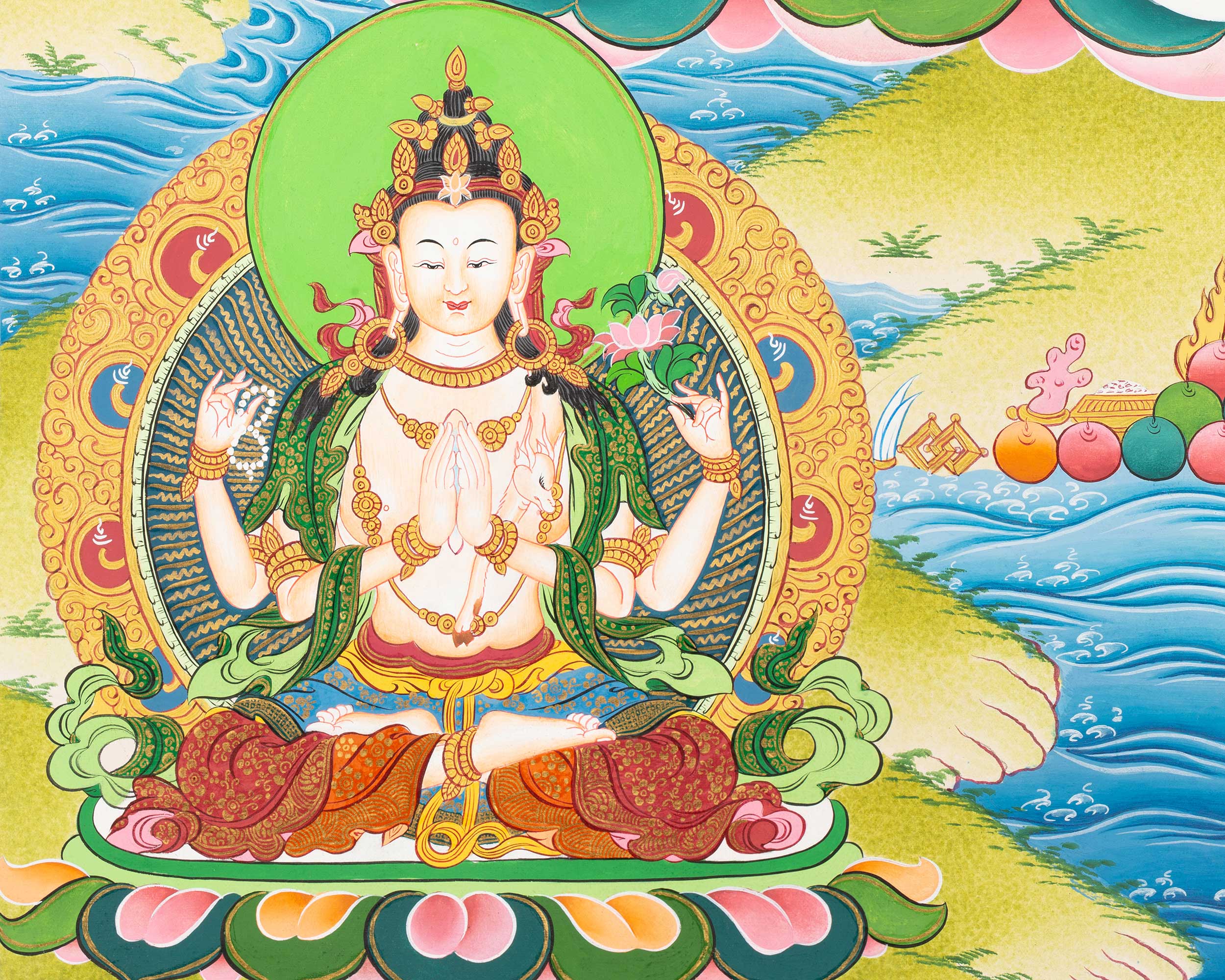 Manjushri Thangka  | Flanked By Avalokiteshvara And Vajrapani