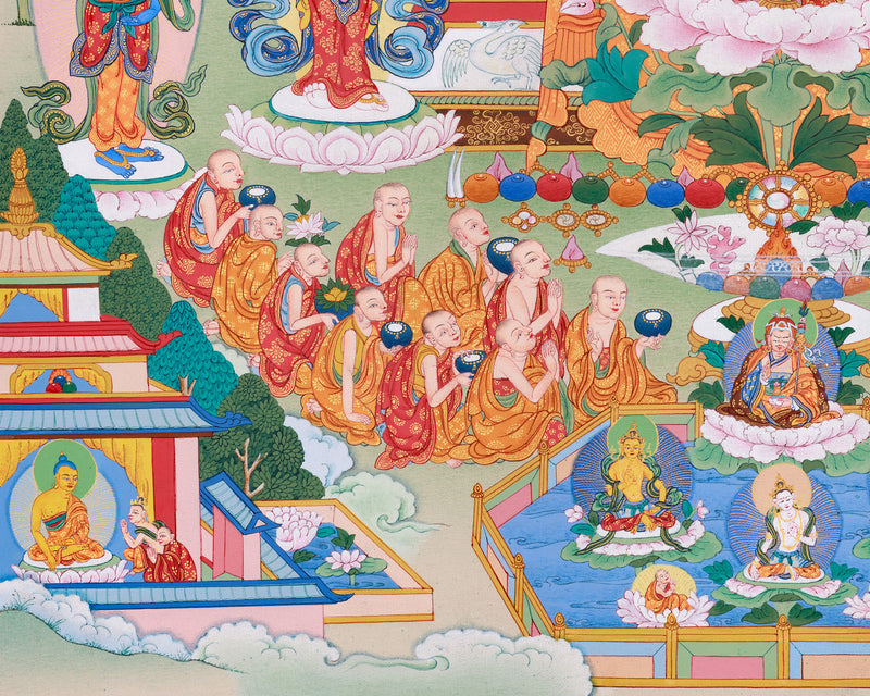 Buddhist Pure Land Thangka | Hand-Painted Amitabha Singham Artwork