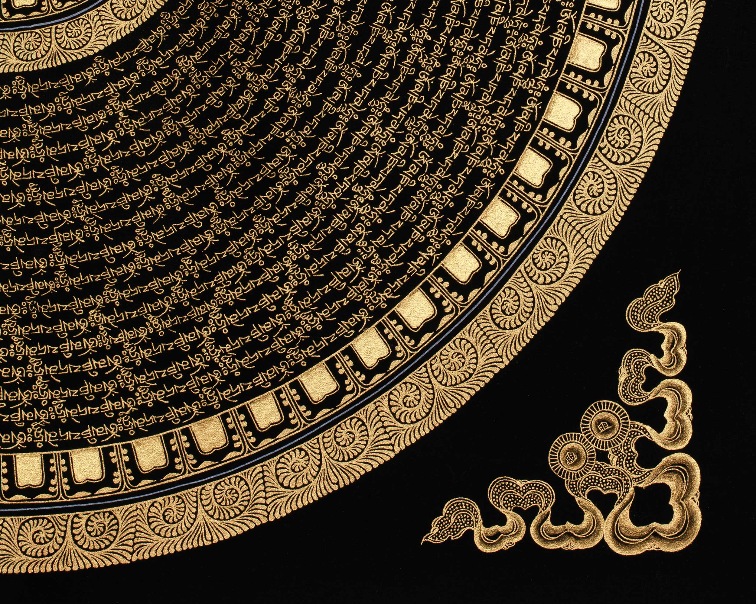 Black and Gold Mantra Mandala | Hand-Painted 24K Gold Tibetan Thangka