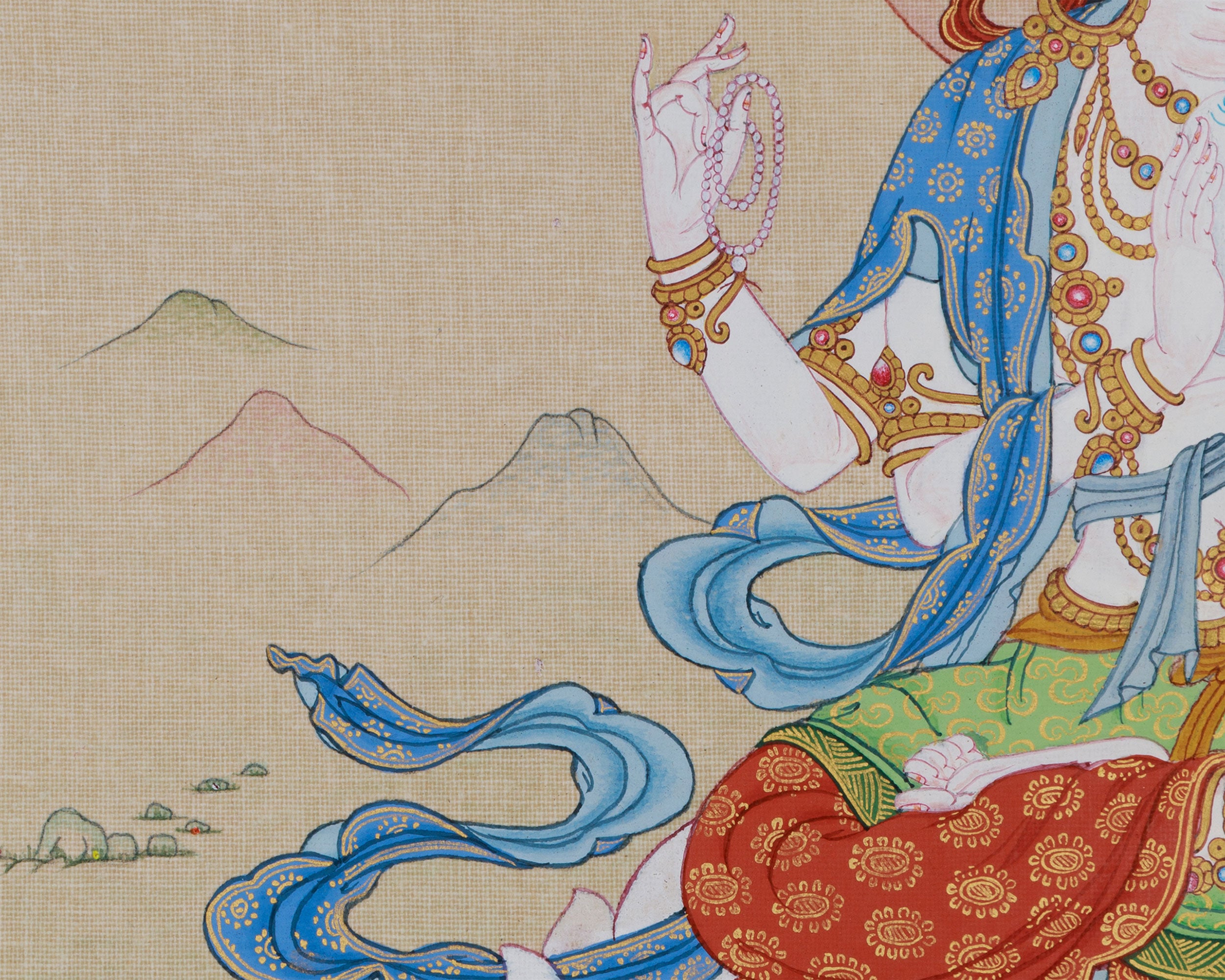 Tibetan Avalokiteshvara Thangka | 4-Armed Chenrezig, Bodhisattva of Compassion and Wisdom