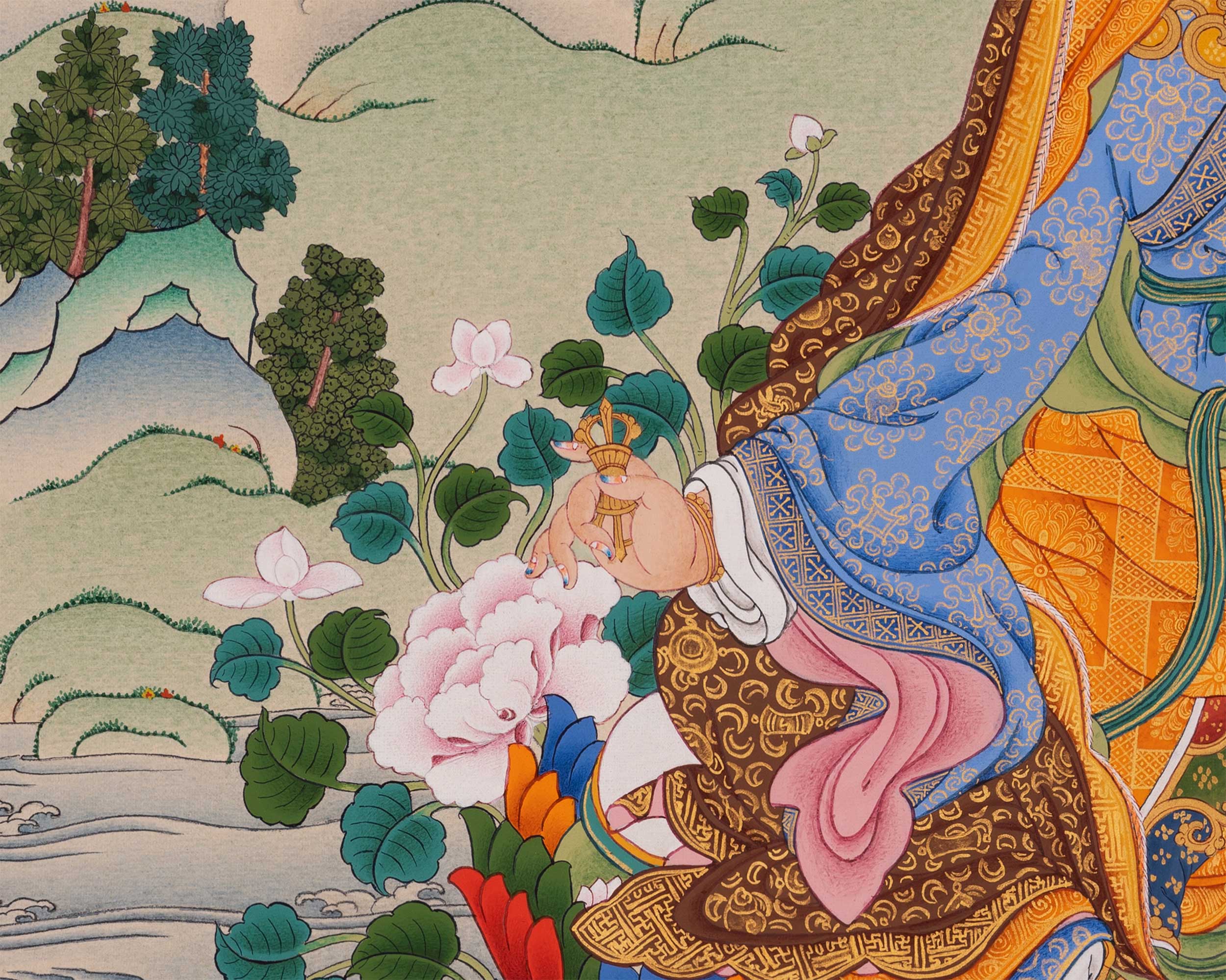 Guru Rinpoche with Chenrezig and Amitabha Buddha Thangka