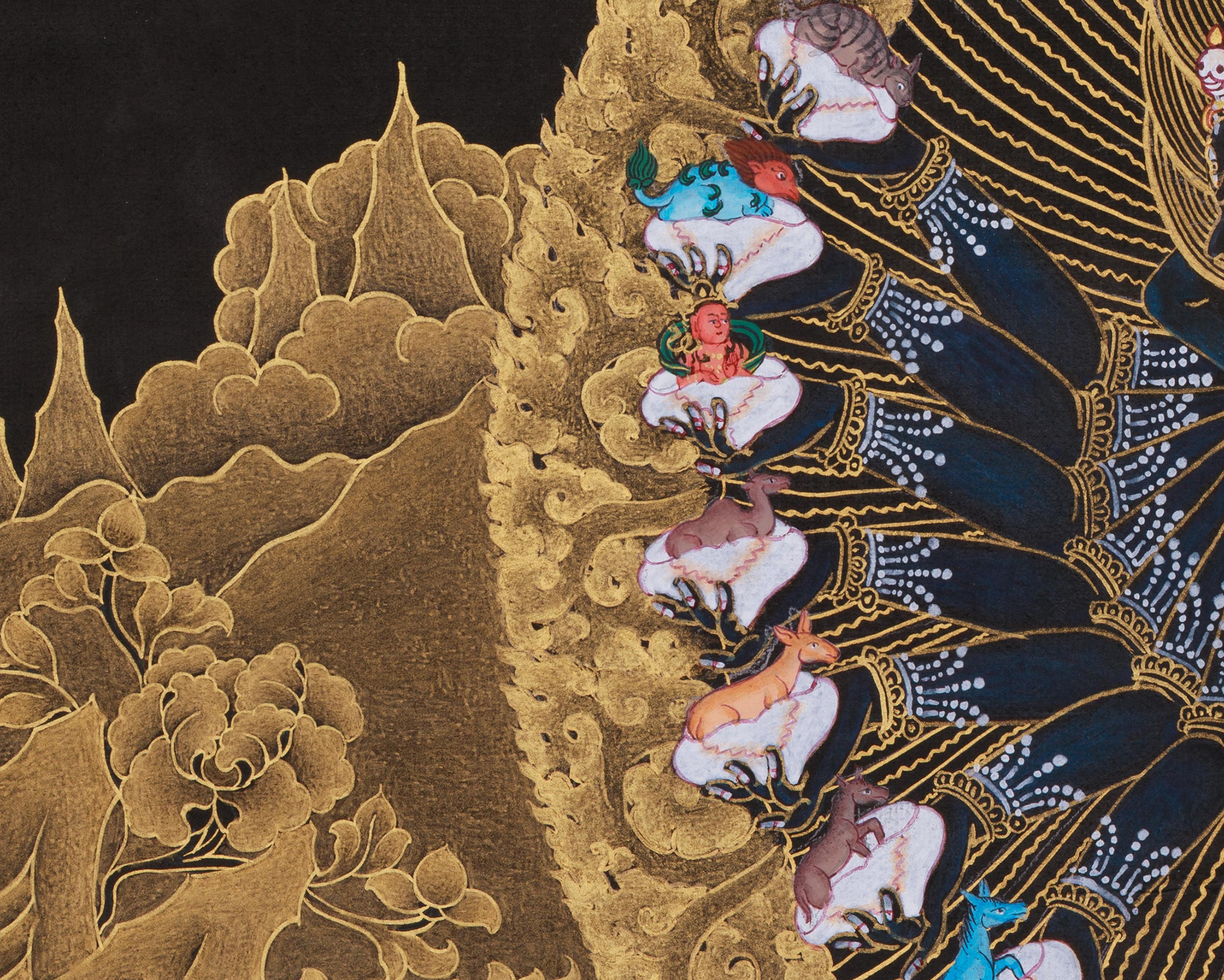 Gold on Black Hevajra Thangka | Fierce Meditational Deity | Vajrayana Buddhism