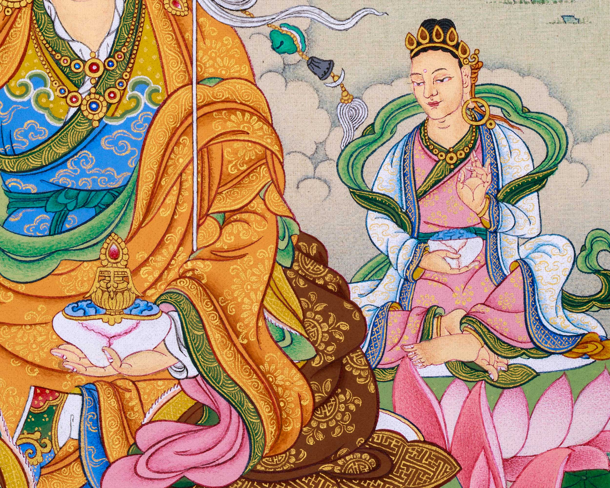 Unique Depiction of Guru Padmasambhava with Yeshe Tsogyal & Mandarava
