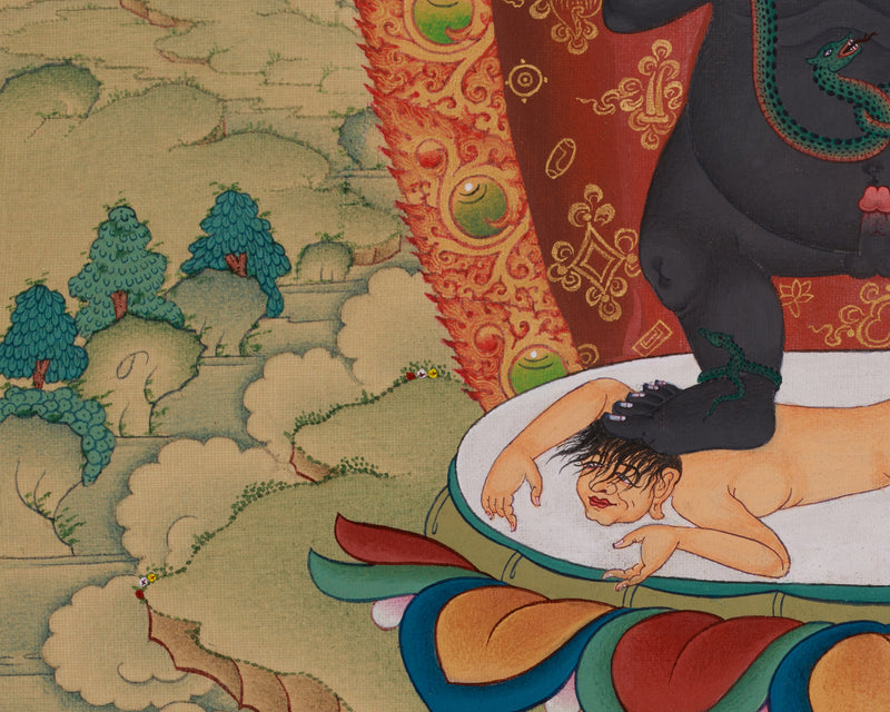 Black Dzambhala with Ratnasambhava Buddha Thangka | Manifestation of Prosperity and Protection