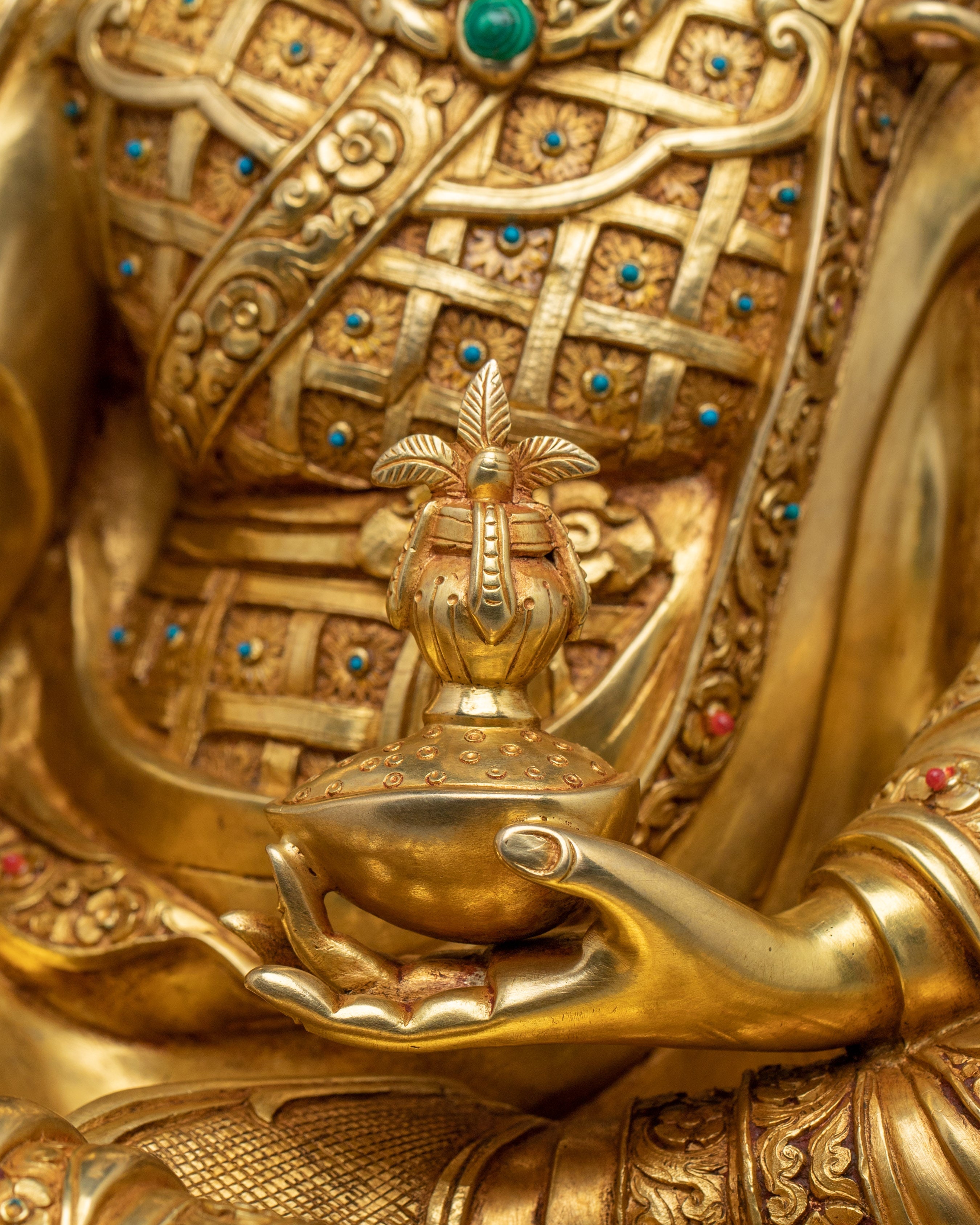 Golden Guru Rinpoche Statue Crafted with Copper | Tibetan Master Sculpture