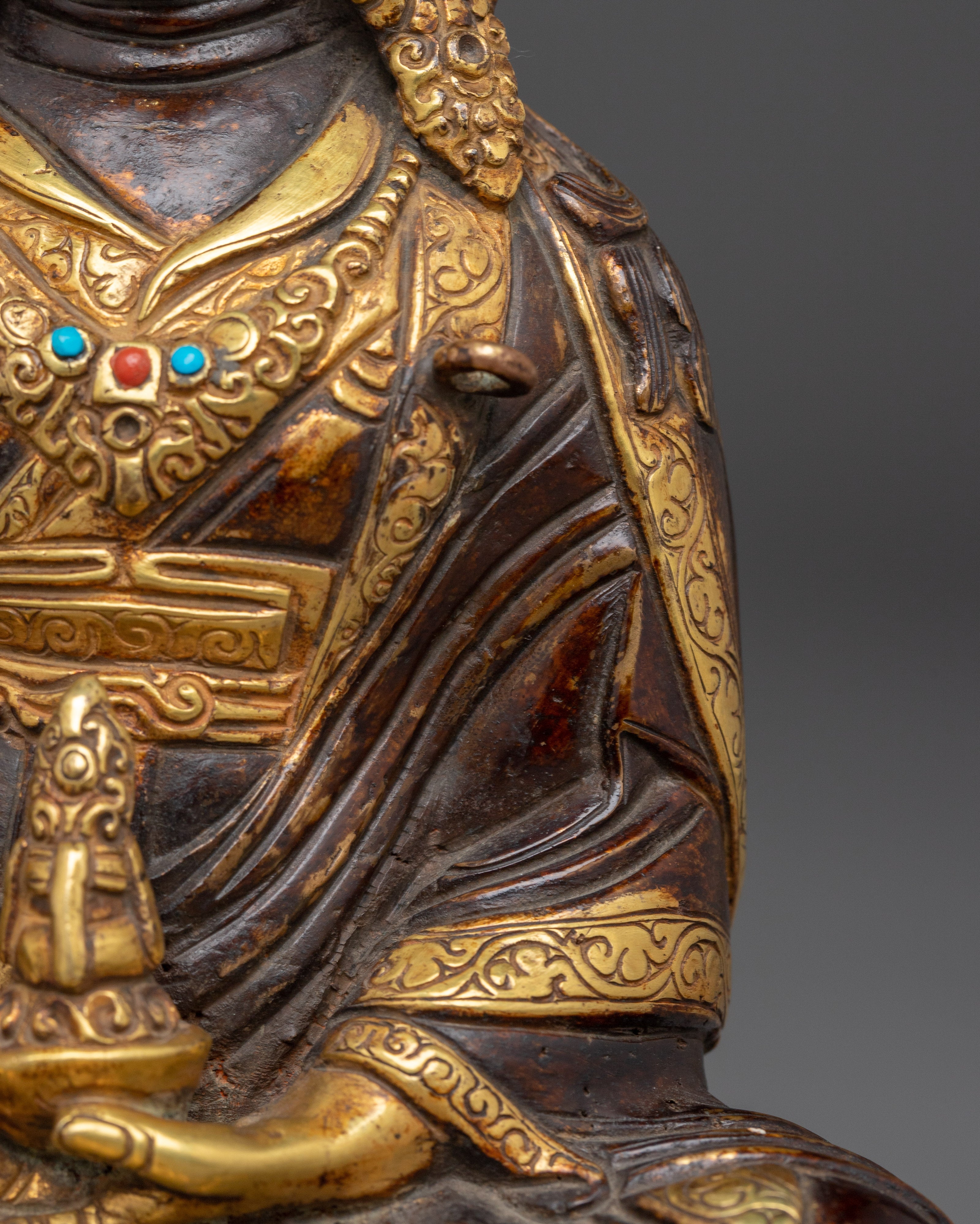 Oxidized Copper Statue of Guru Rinpoche | Gold-Plated Tibetan Spiritual Figure