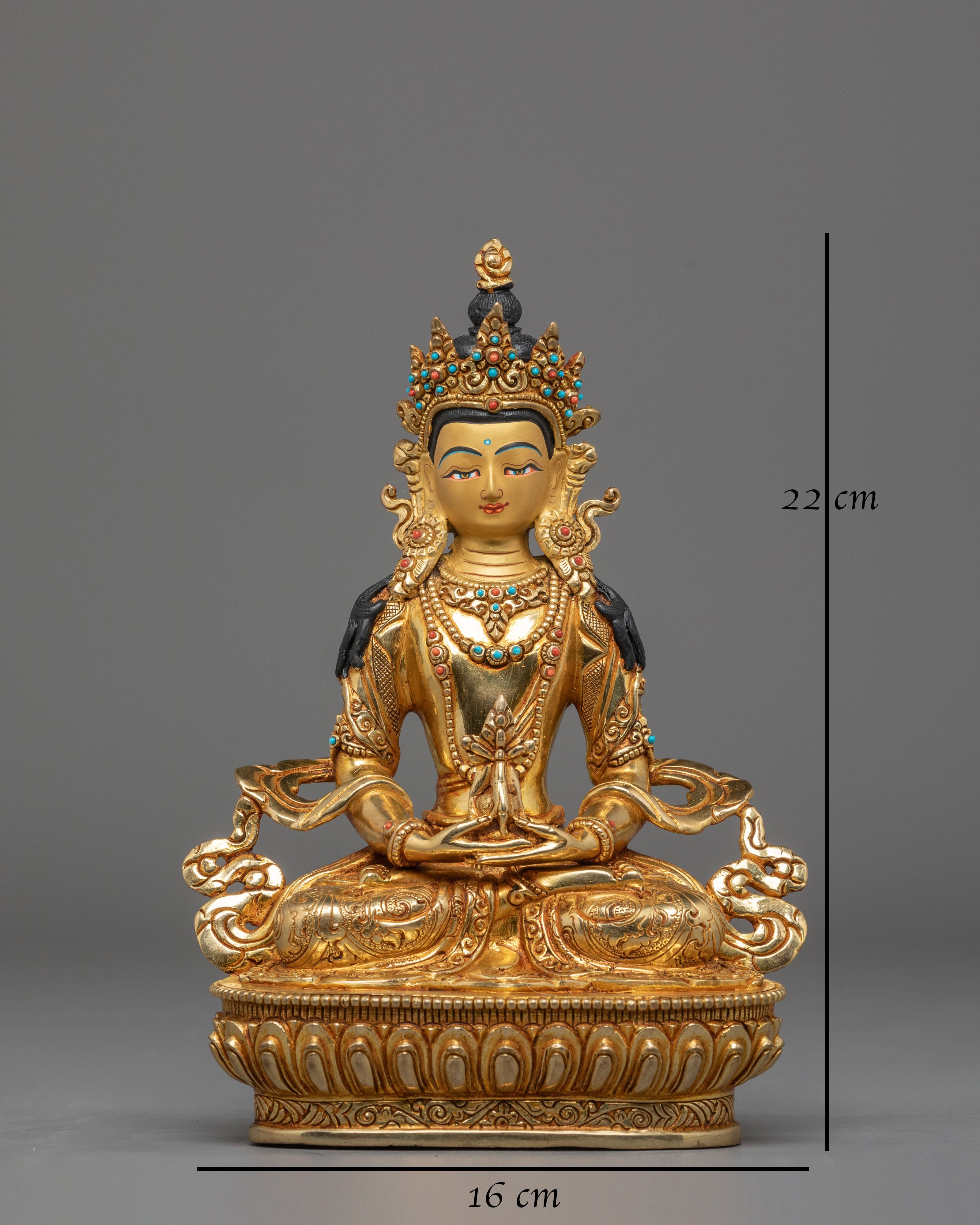 Sacred Amitayus Buddha Statue | Gold Plated Sculpture with Coral & Turquoise