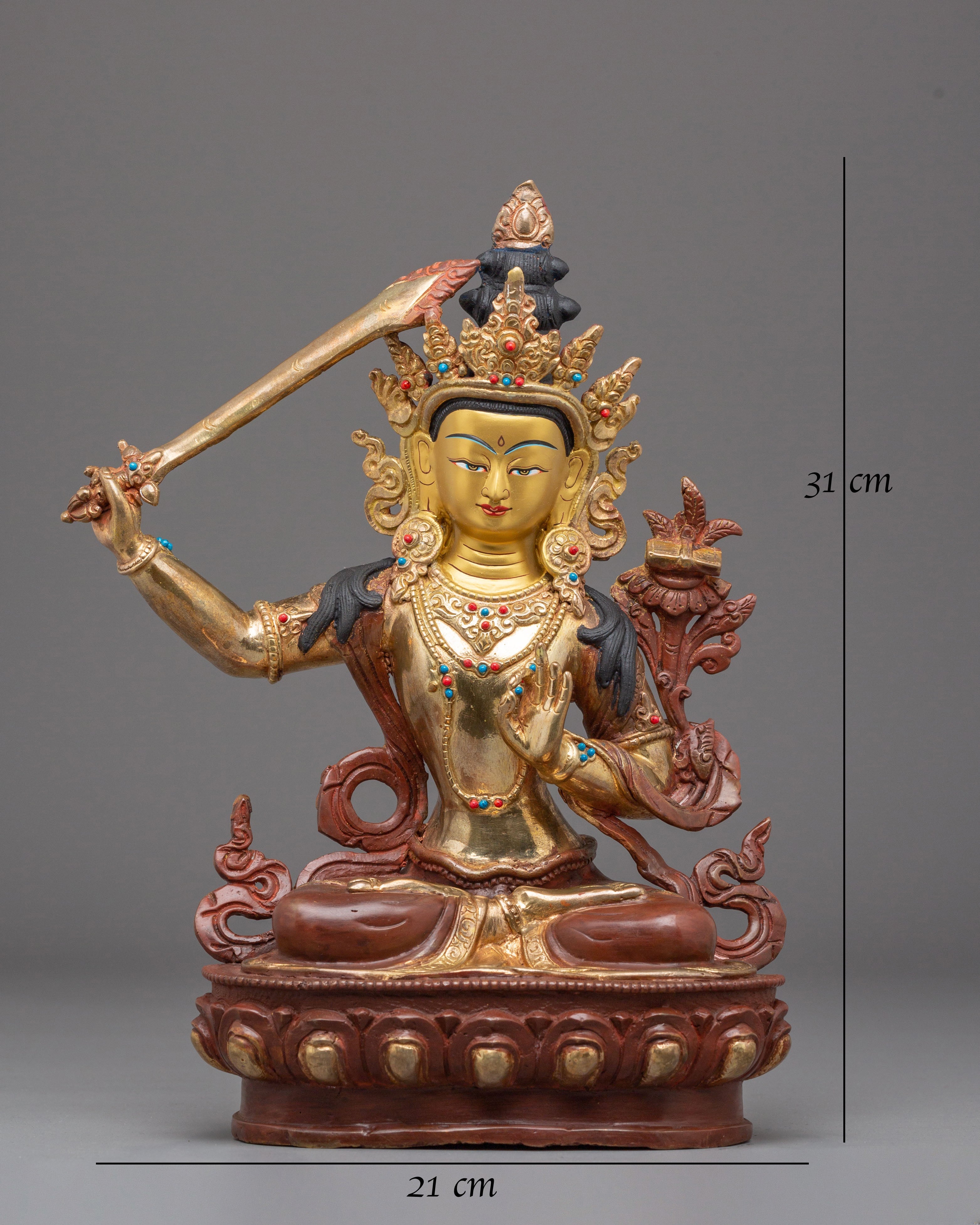 Statue of Supreme Deity of Wisdom Manjushri | Gold Plated Buddhist Bodhisattva Sculpture