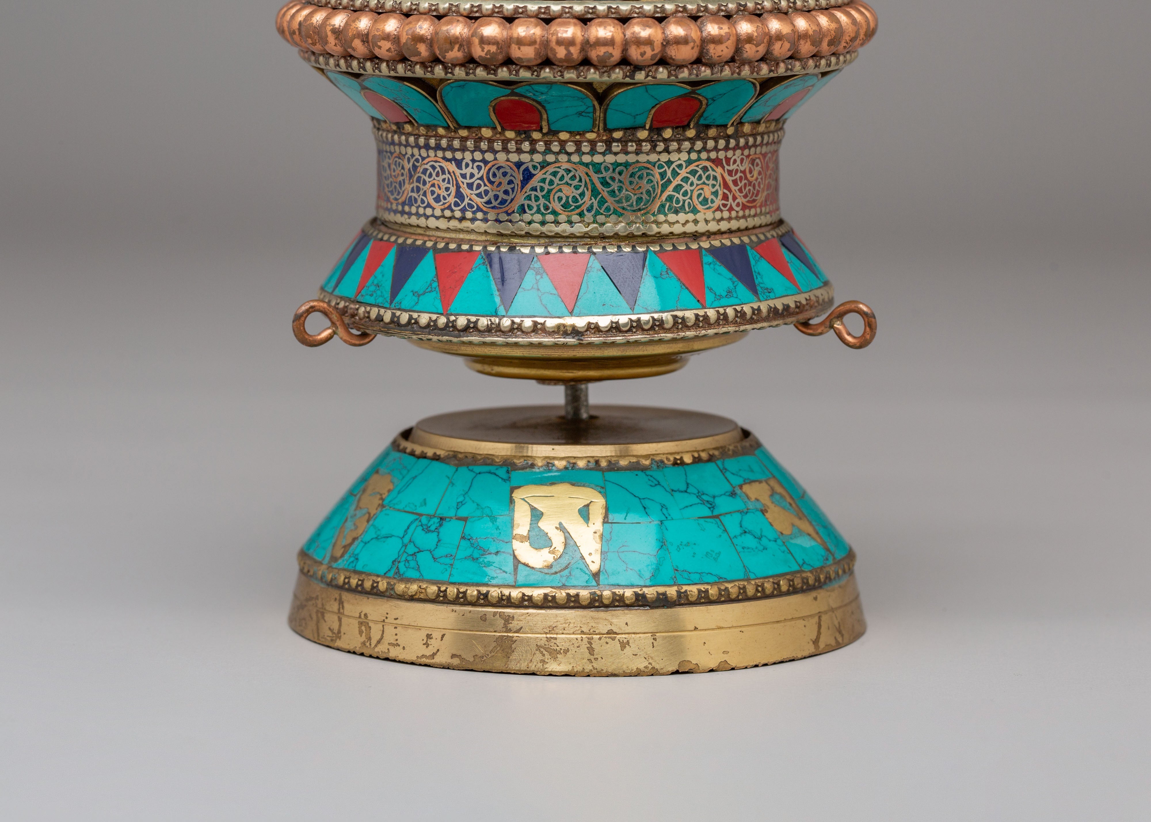 Handmade Tibetan Ritual Prayer Wheel | Copper Body with Gemstones