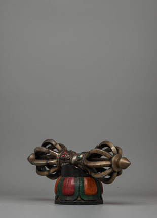Iron Vajra with a Wooden Base and Turquoise Coral Inlays | Acrylic Painted Base
