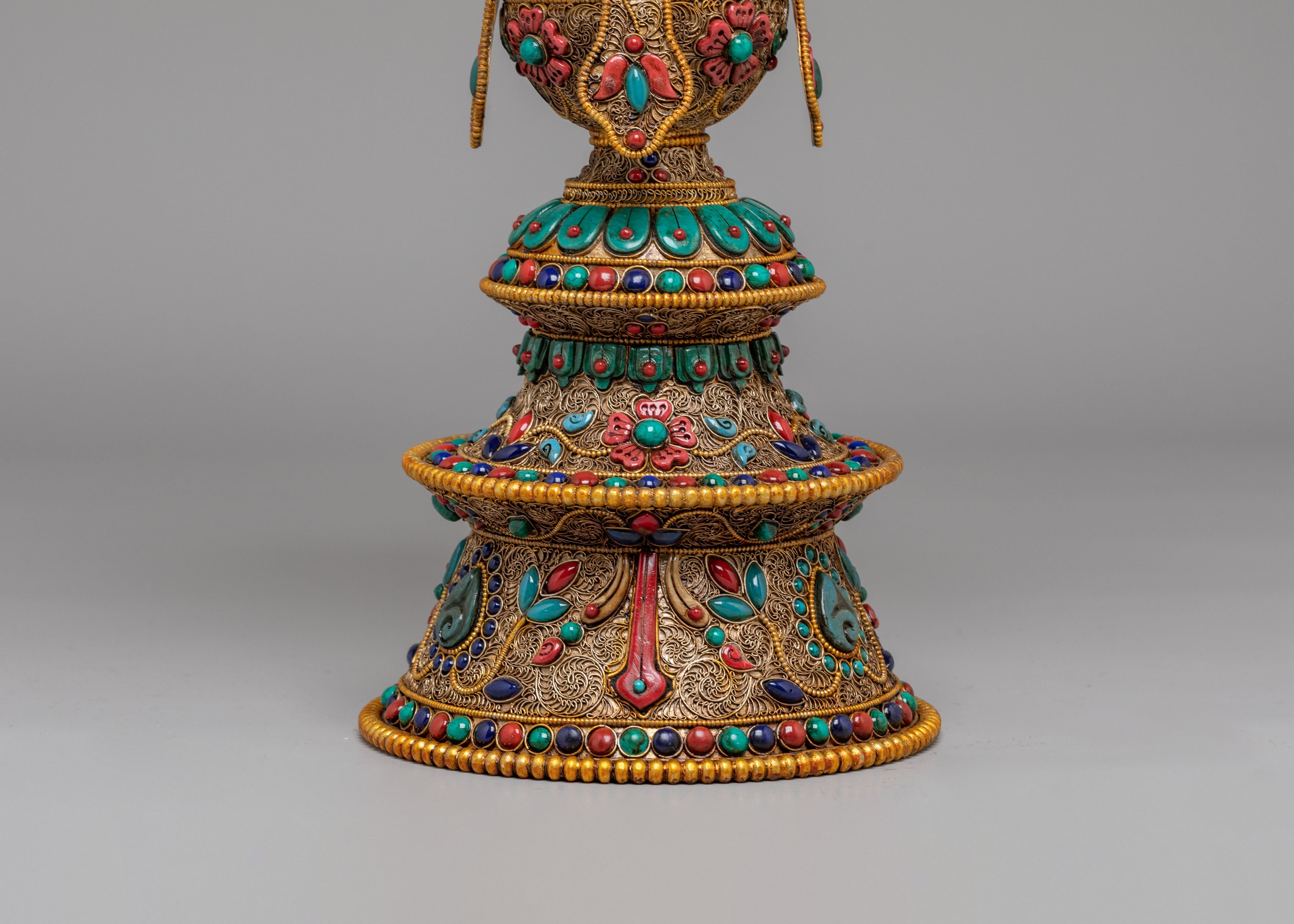 Buddhist Altar Butter Lamp Set | Gemstone Inlaid Copper Offering Lamps