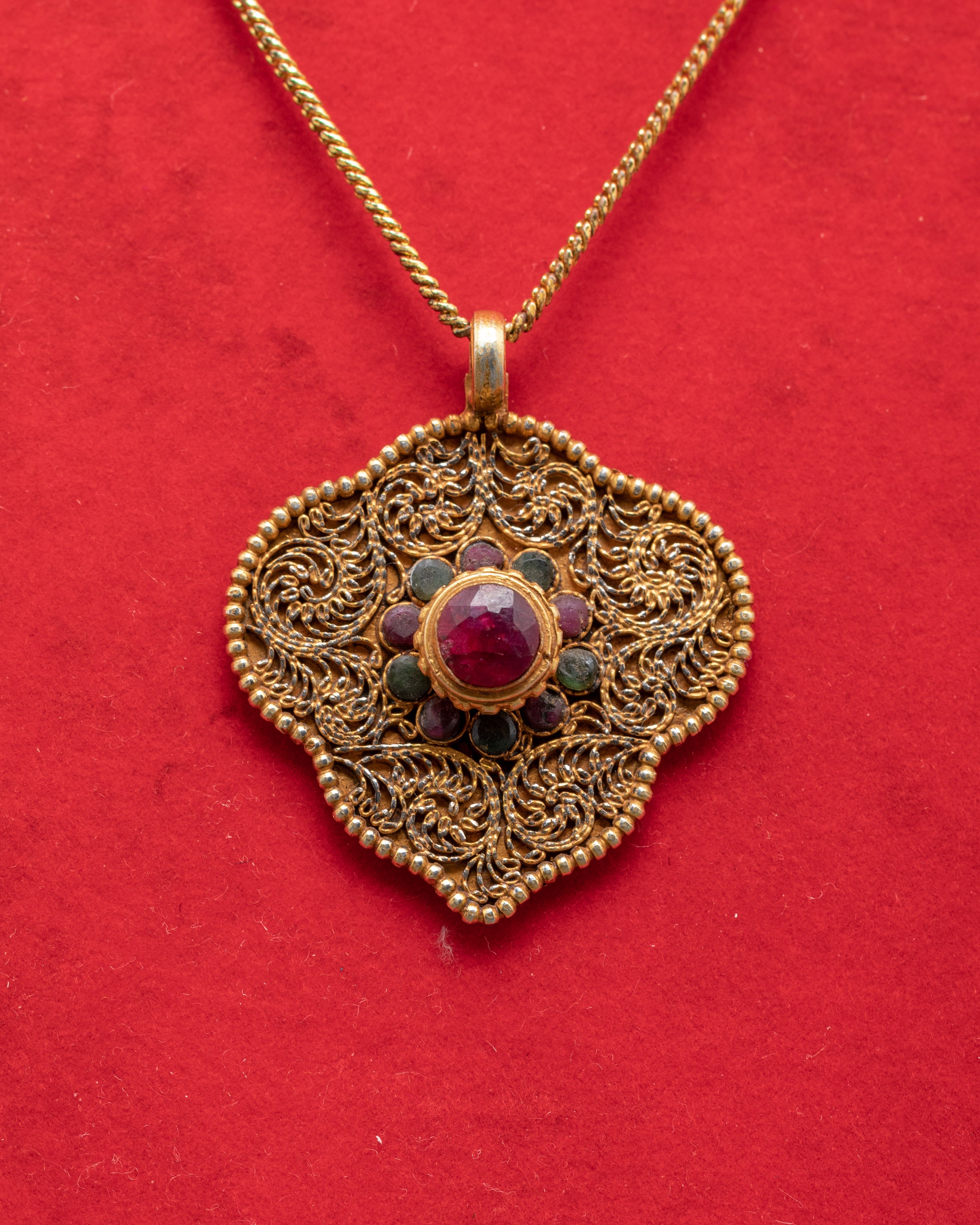 Gold Plated Leaf Locket | Locket with Ruby and Panna Stones