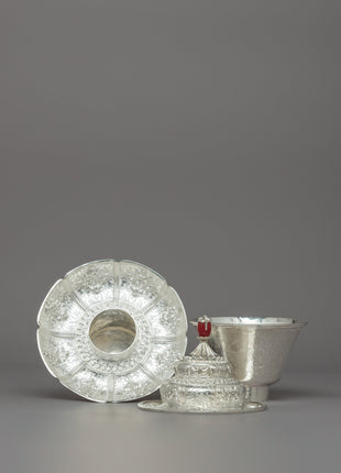 Traditional Silver Tea Cup with Red Stone on Top | Tibetan Buddhism Decor