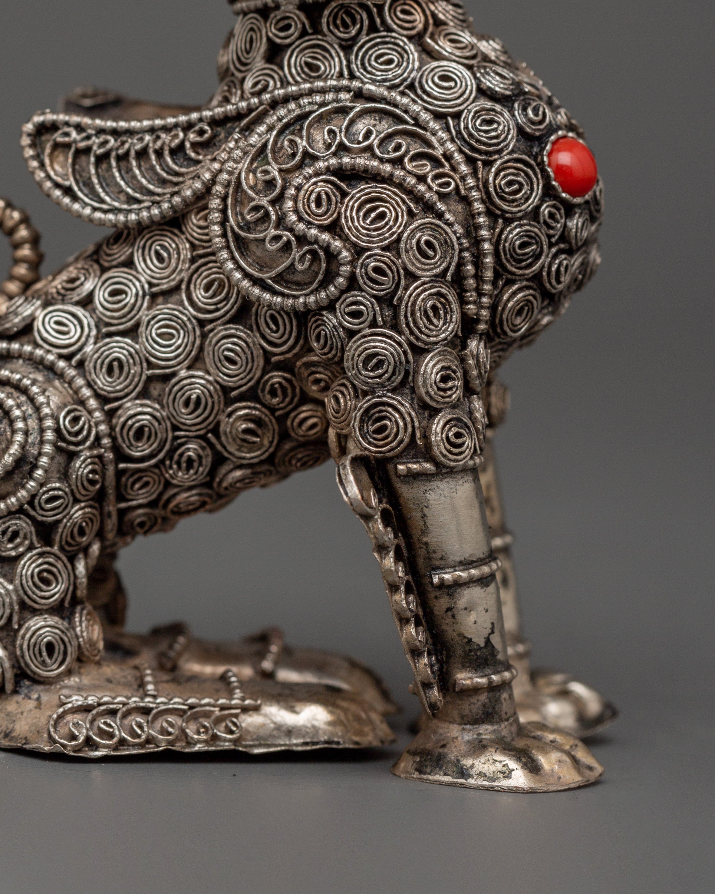 White Metal Guardian Lion Statue Set | With Coral, Turquoise & Lapis Lazuli Stones