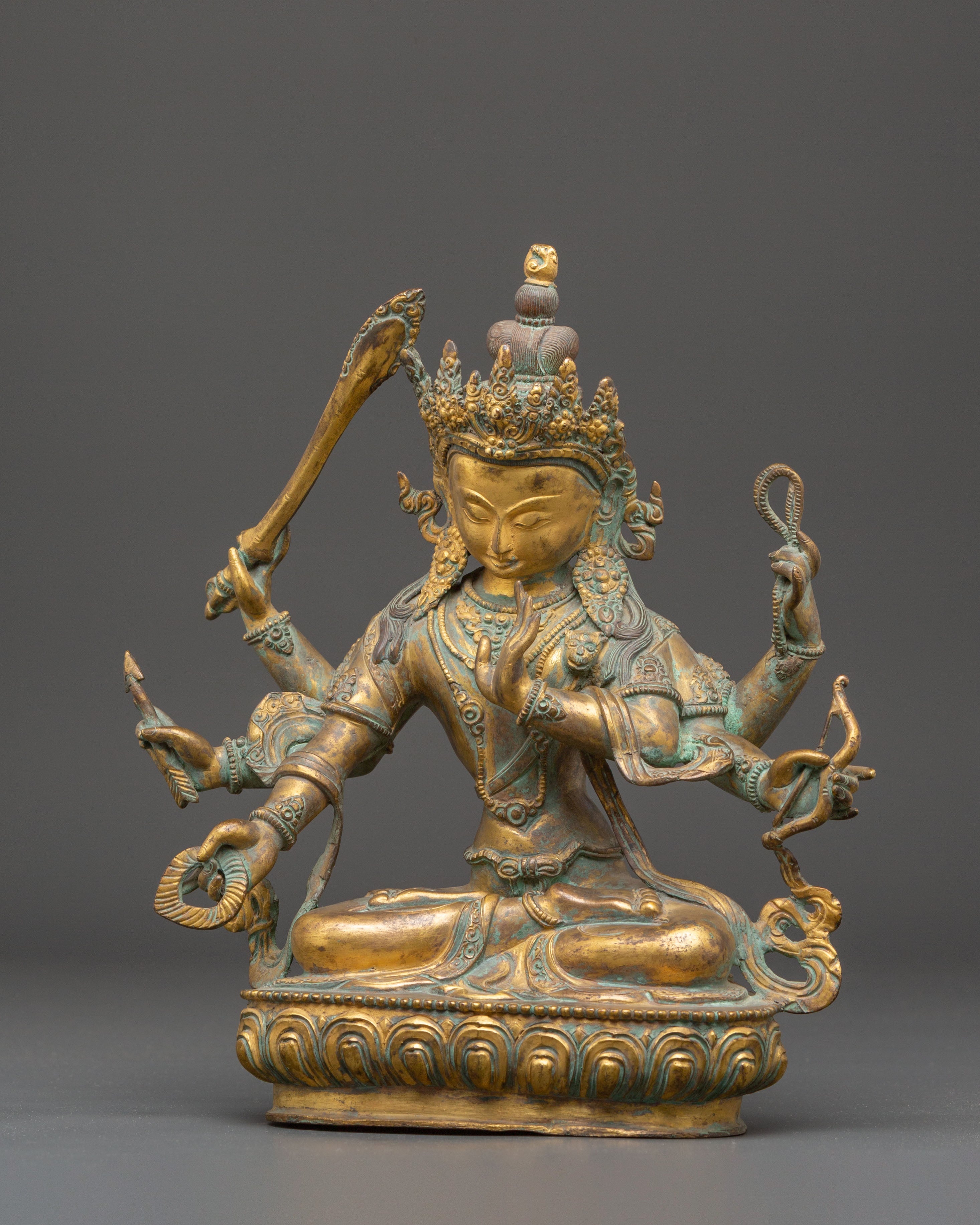 Handmade Maha Manjushri Statue | Antique Tibetan Copper Sculpture