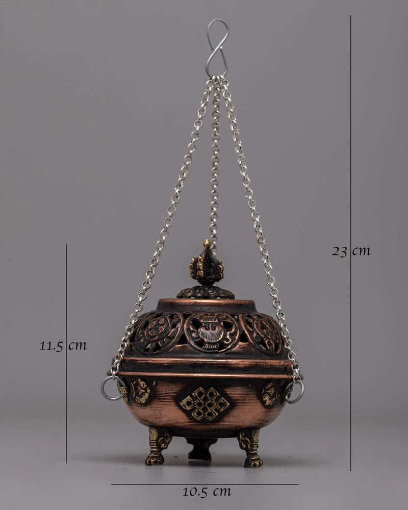 Hanging Tibetan Incense Burner | Brass & Copper Ritual Burner with Sacred Motifs