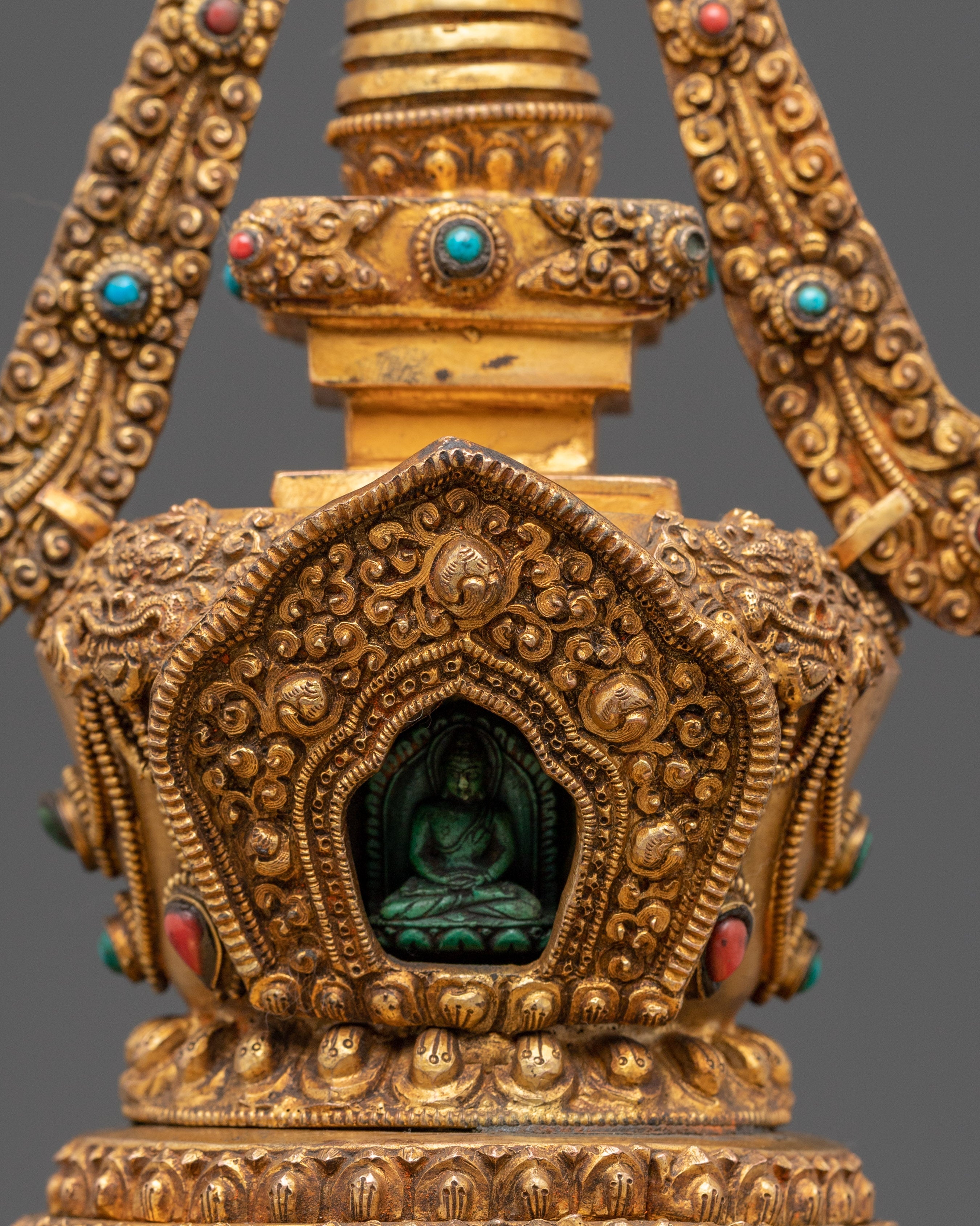 Handmade Gold Plated Buddhist Stupa with Buddha | Copper Stupa with Turquoise Inlay
