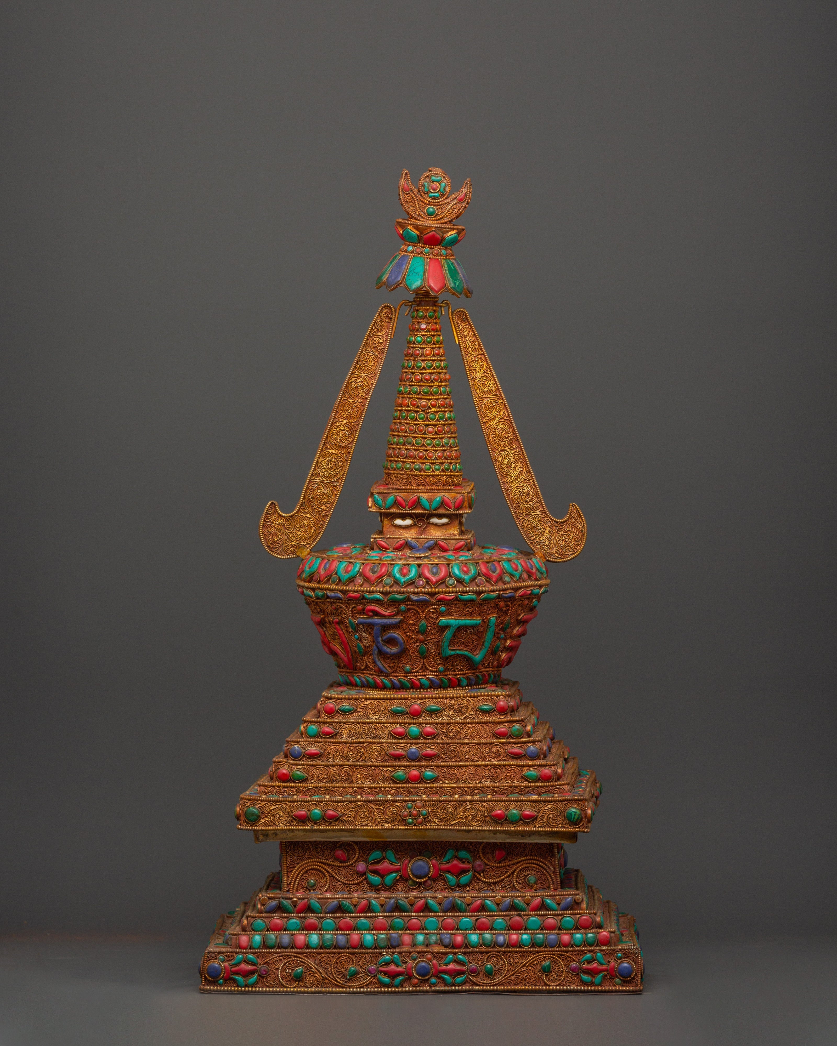 Copper Buddhist Chorten with Turquoise and  Coral | Spiritual Symbol of Peace