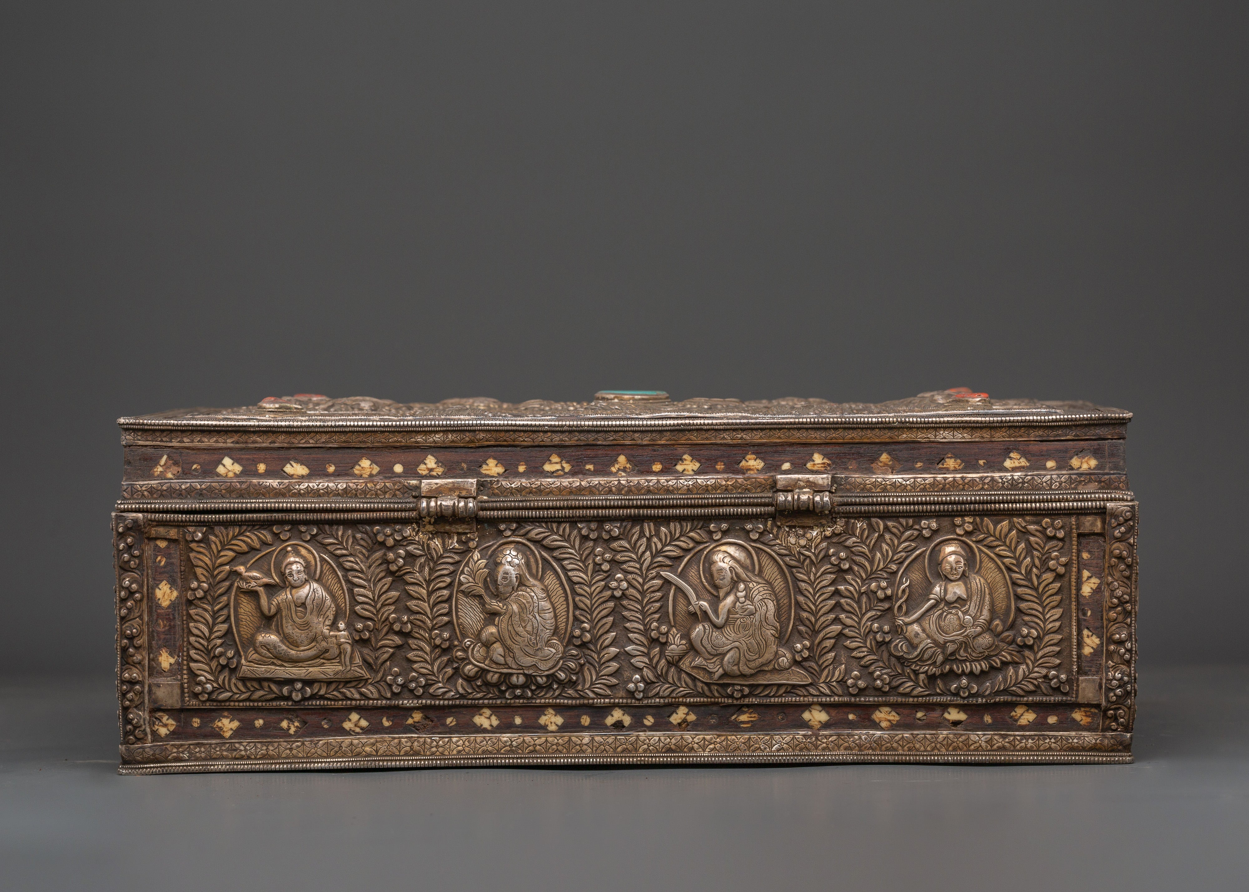 Pure Silver Treasure Box with Coral & Turquoise | Decorative Storage Box