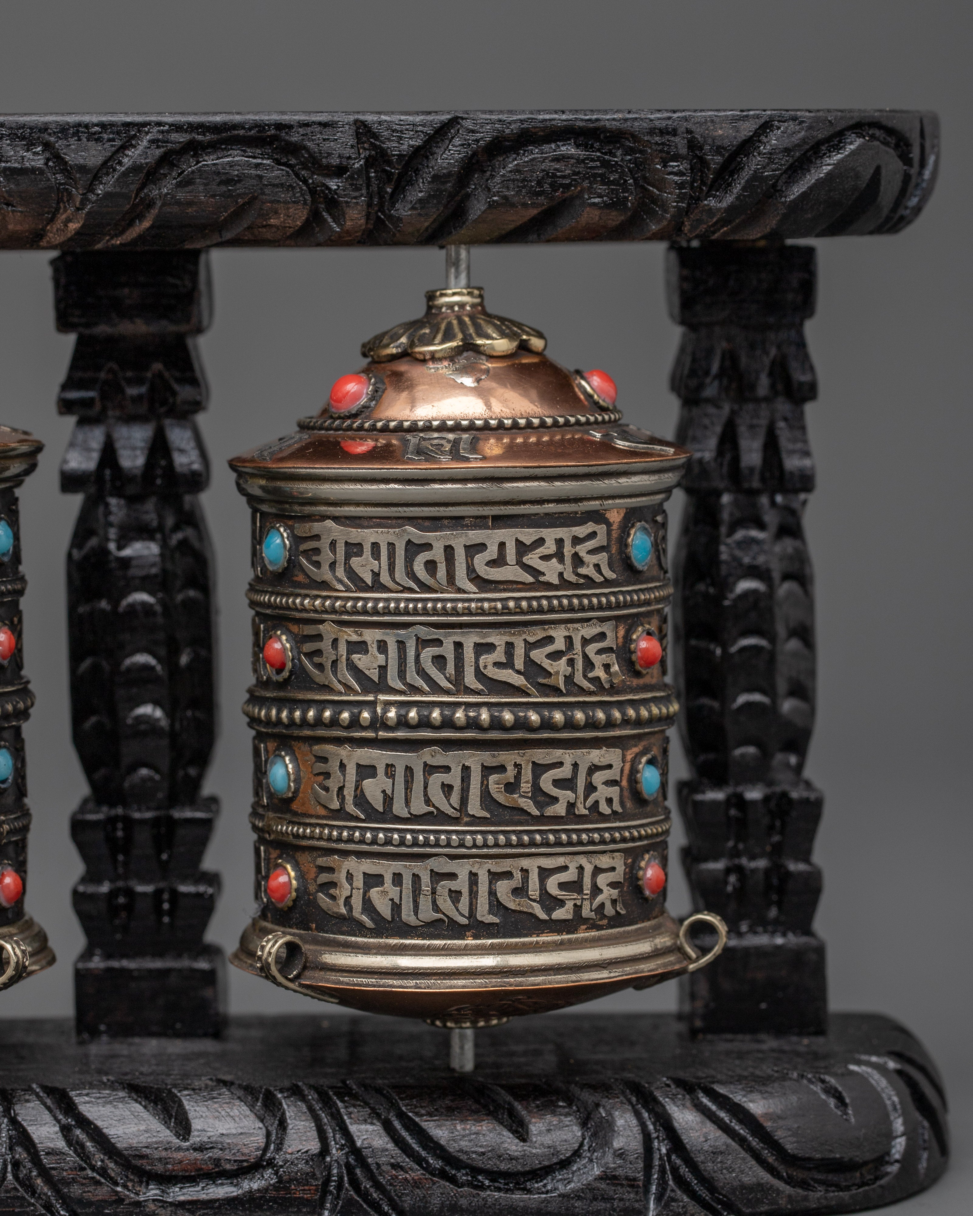 Three-Wheel Prayer Spinner in Wooden Frame | Tibetan Buddhist Home Blessing Tool