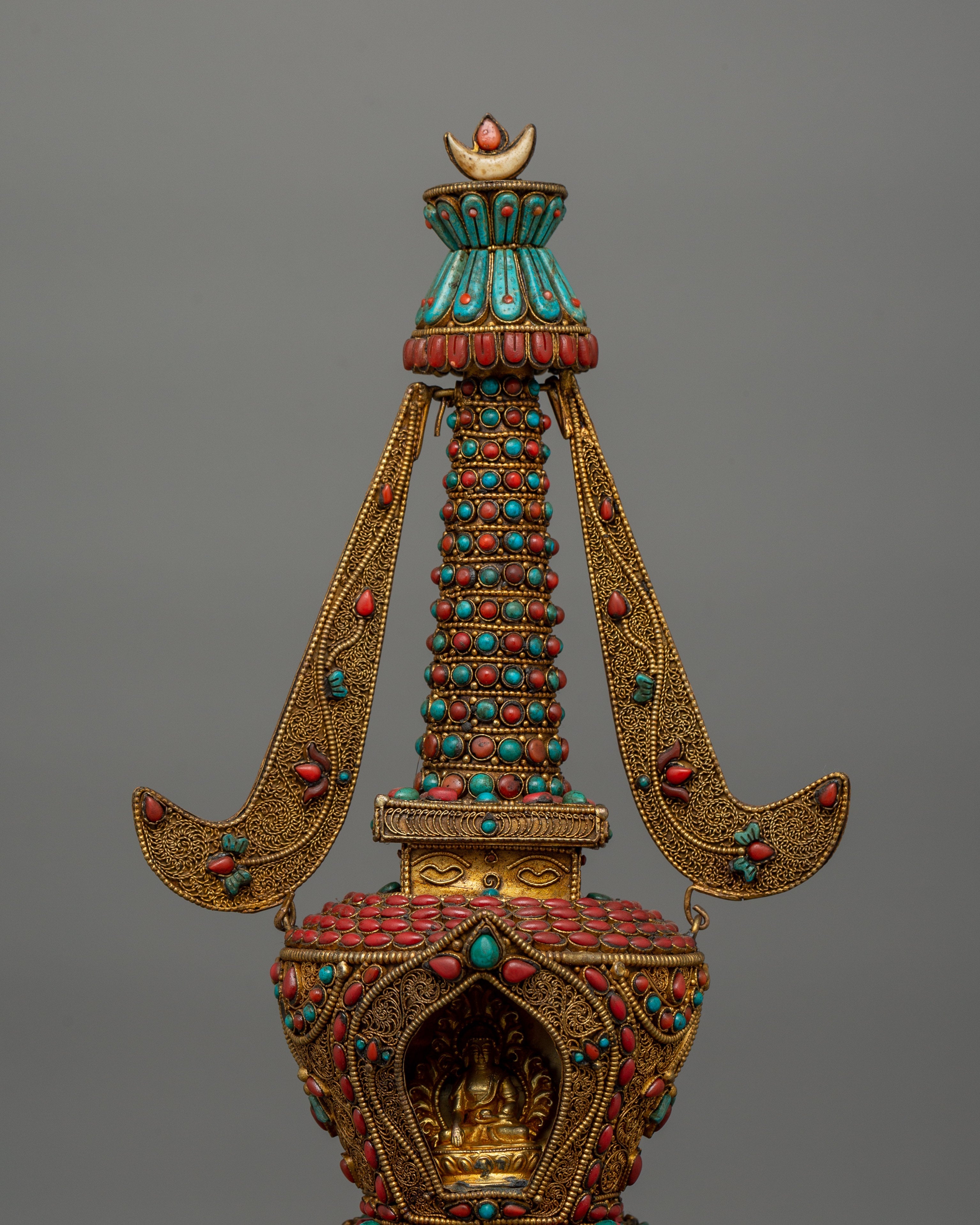 Decorative Stupa with Buddha Figure | Copper Stupa with Gold Plating
