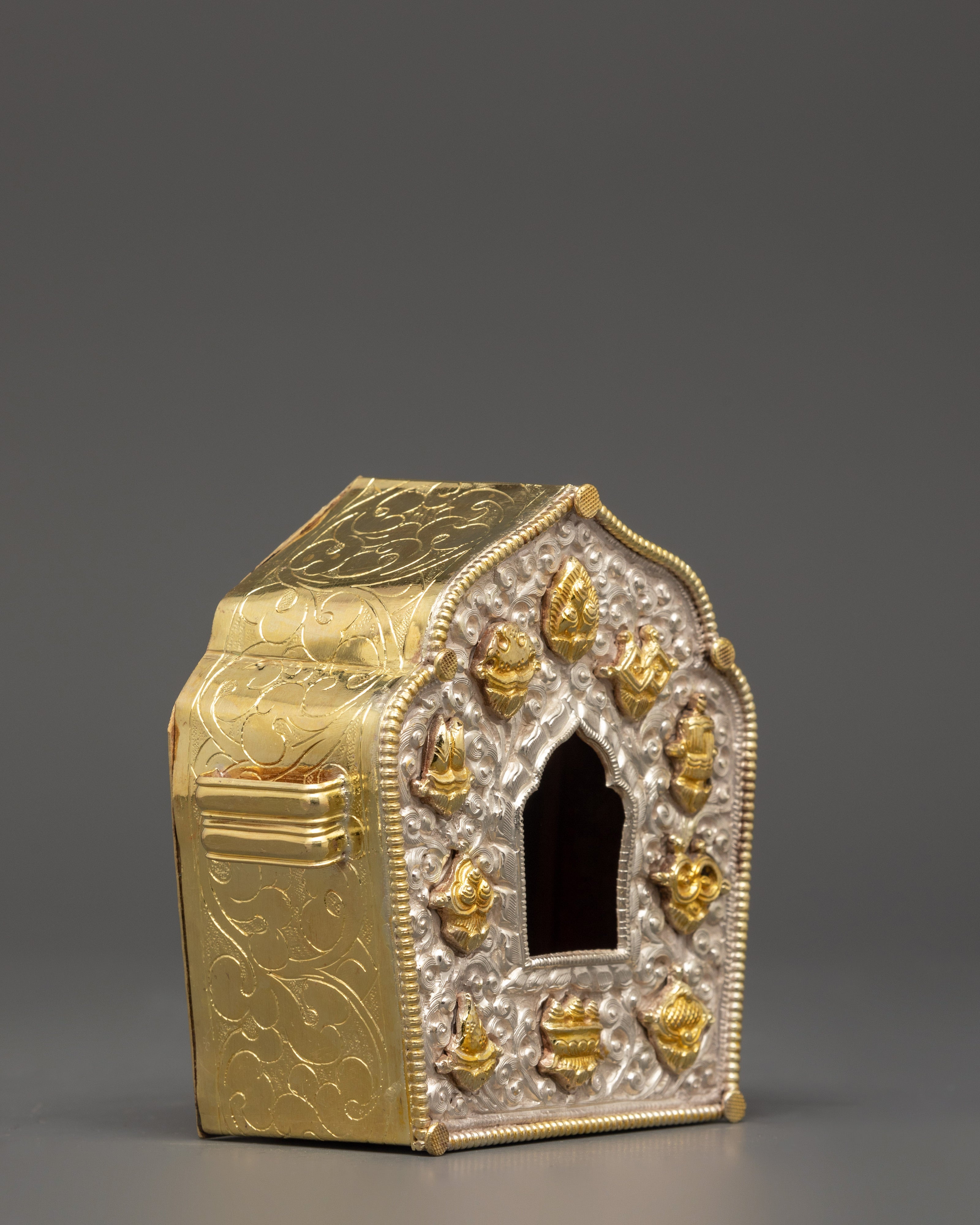 Sterling Silver Ghau Prayer Box with Gold Plating | Auspicious Symbols Carved