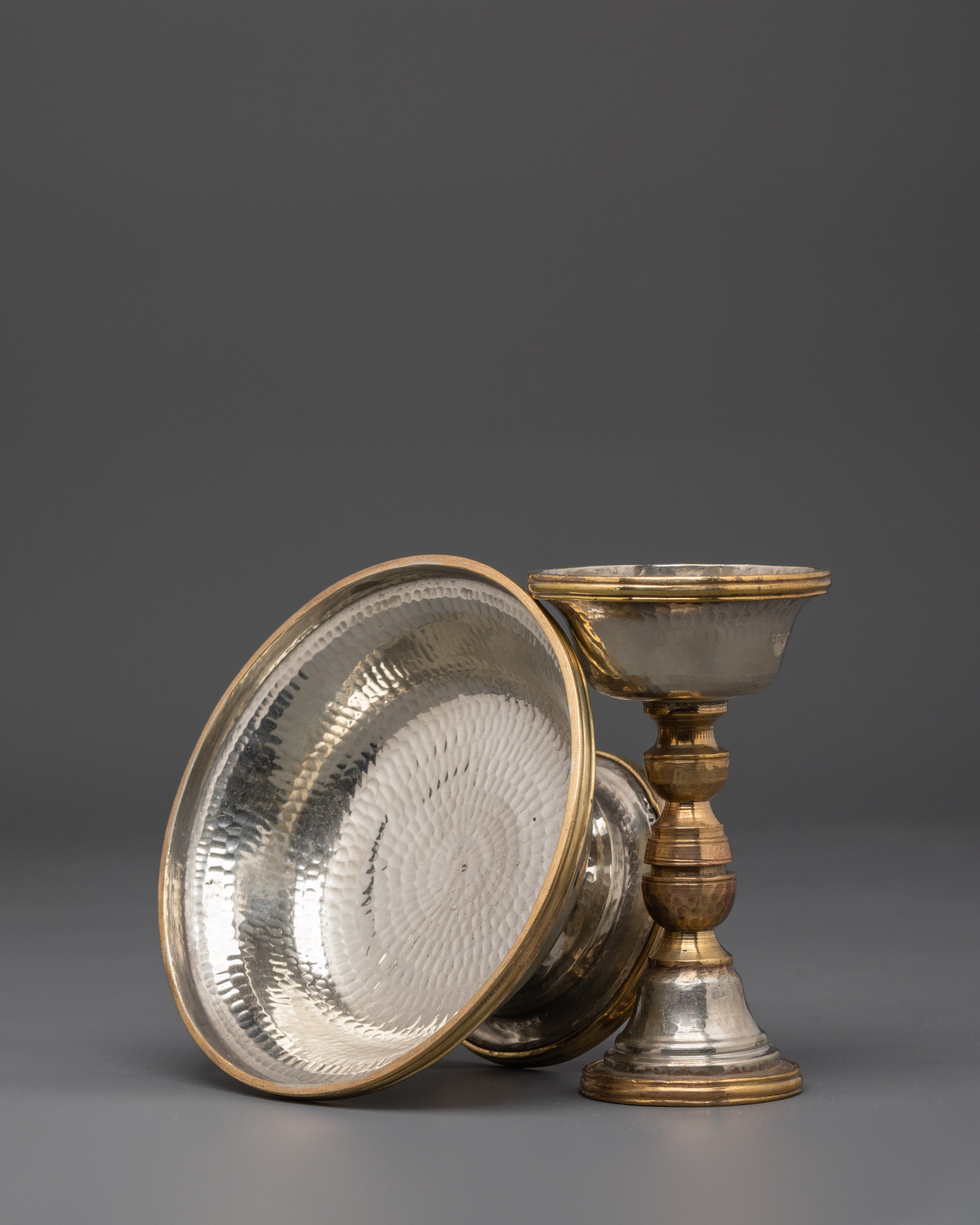 Handcrafted Buddhist Altar Serkyem Set | White Metal and Copper Ritual Offering Vessel