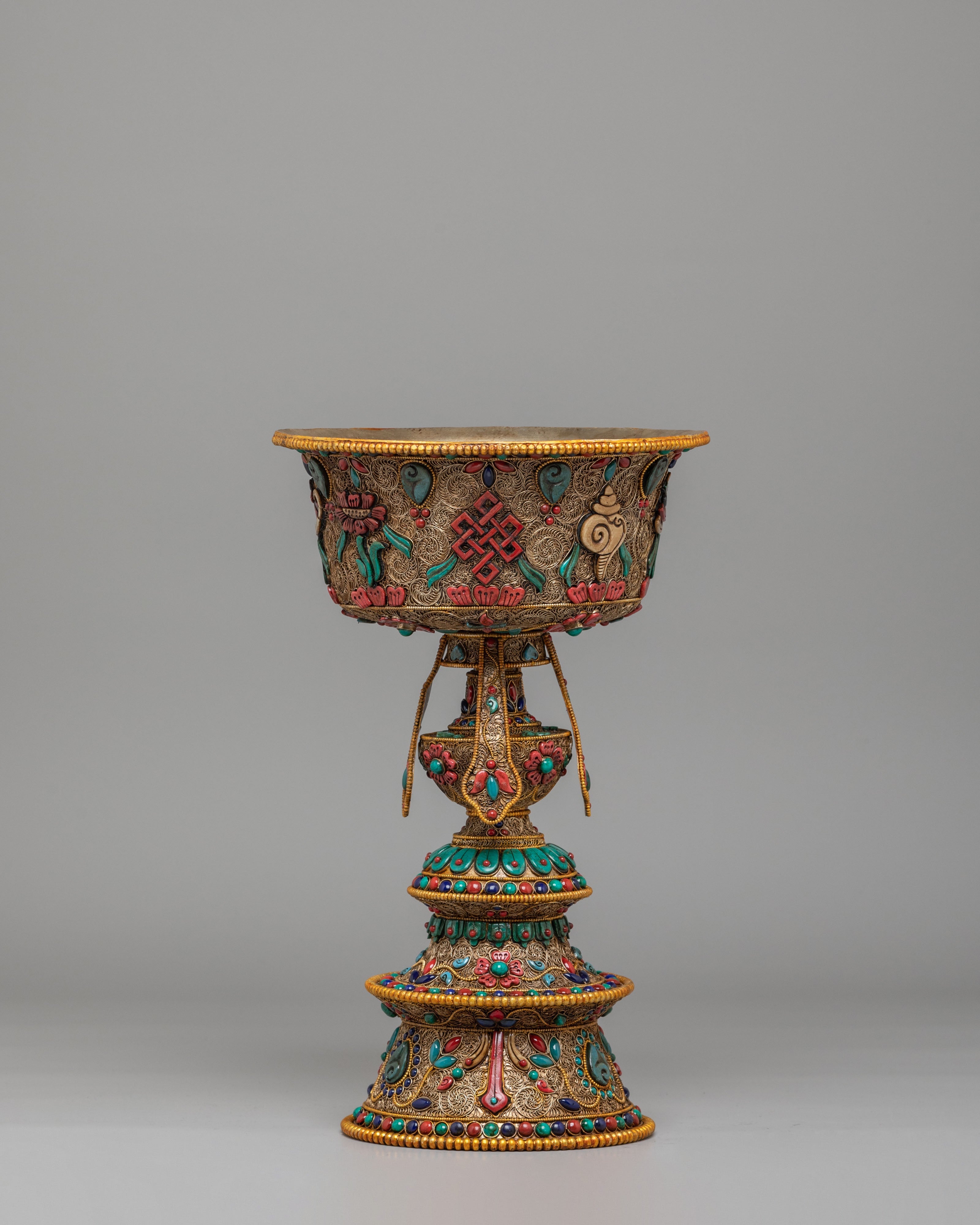 Buddhist Altar Butter Lamp Set | Gemstone Inlaid Copper Offering Lamps