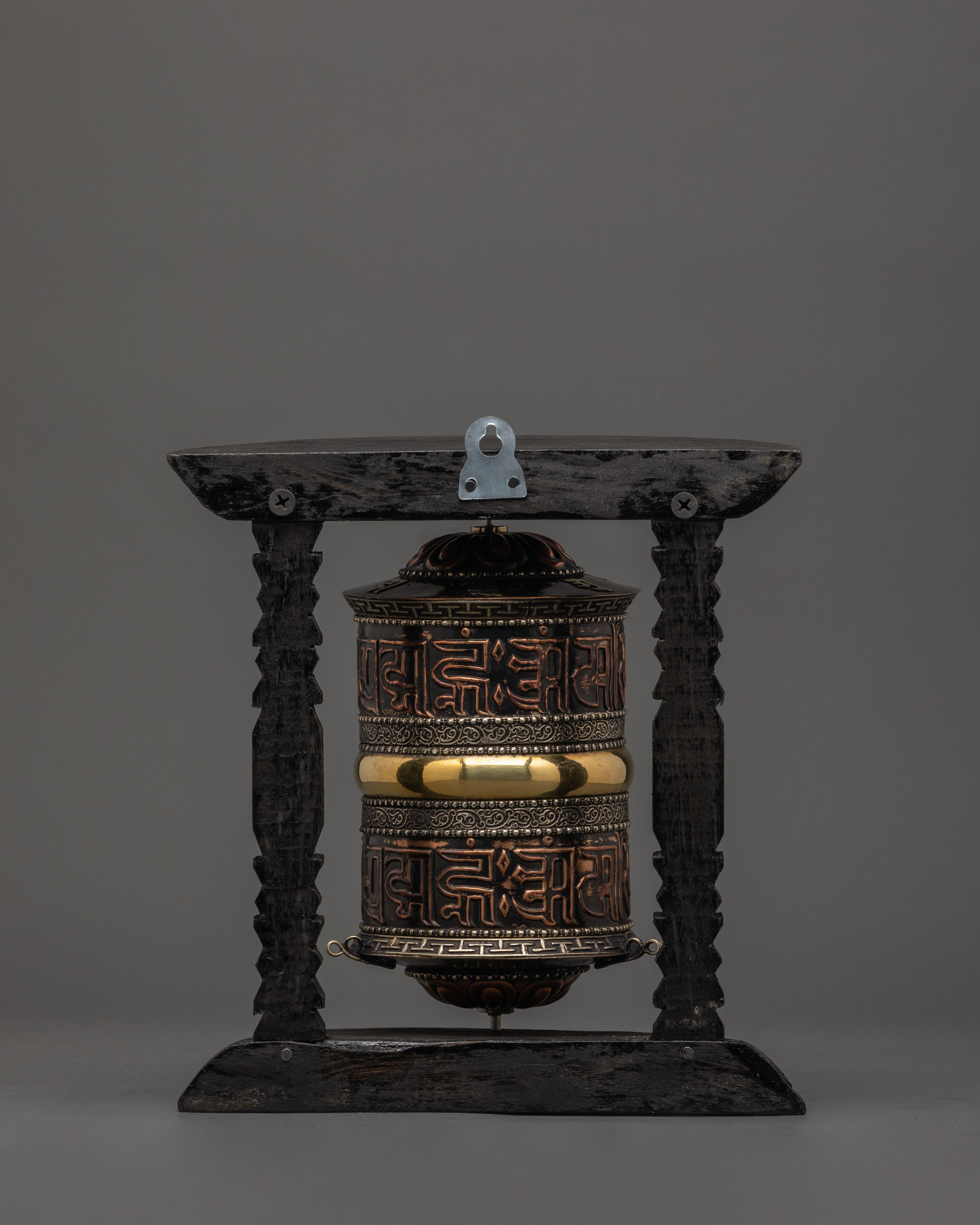 Sacred Wooden Framed Prayer Wheel | Copper and Brass Tibetan Mantra Wheel
