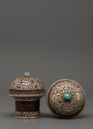 Brocade Thangka Stick Cap | Handcrafted Wooden Body with Silver and Turquoise