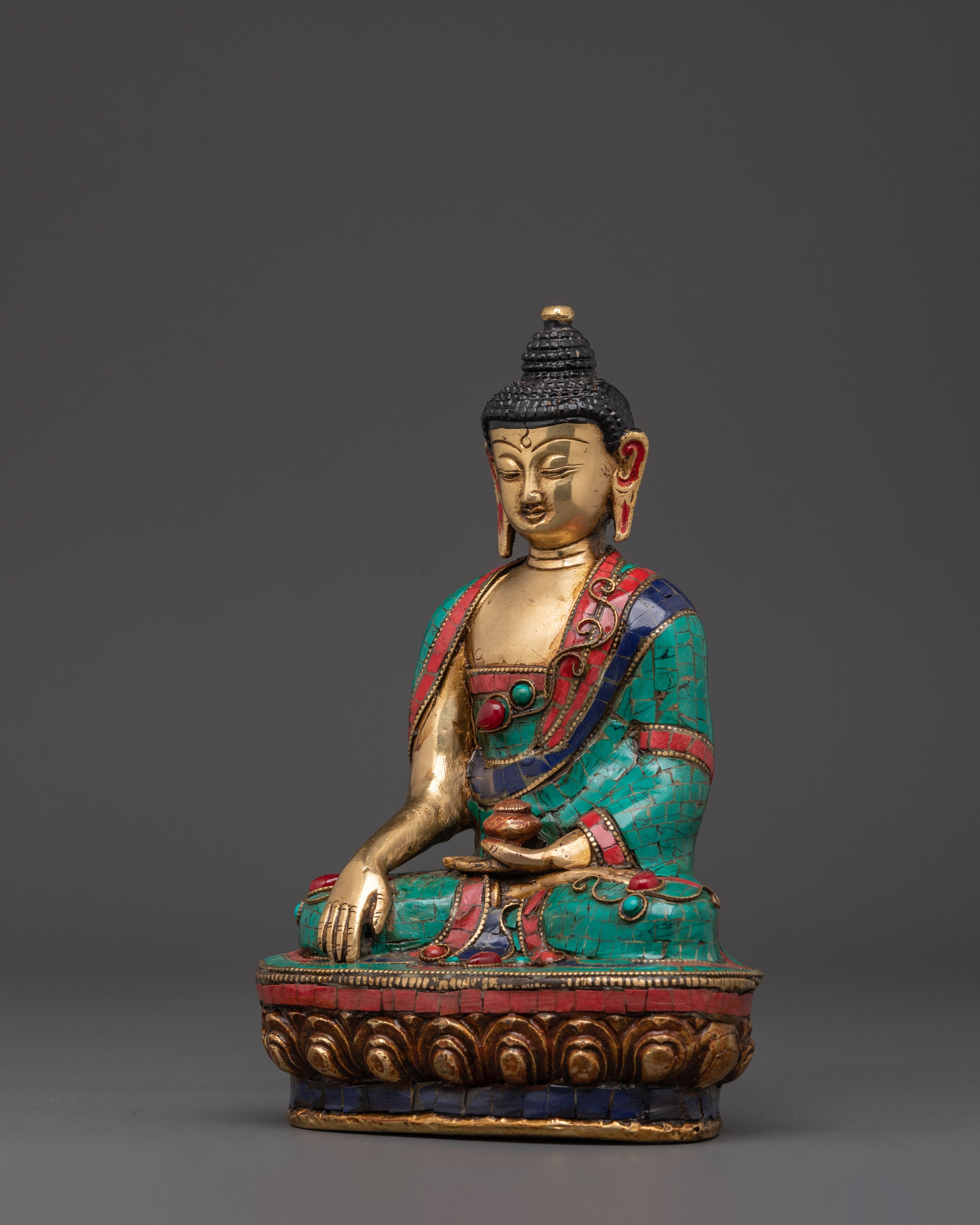 Brass Gautama Buddha Statue | Enlightened One in Vibrant Turquoise & Coral