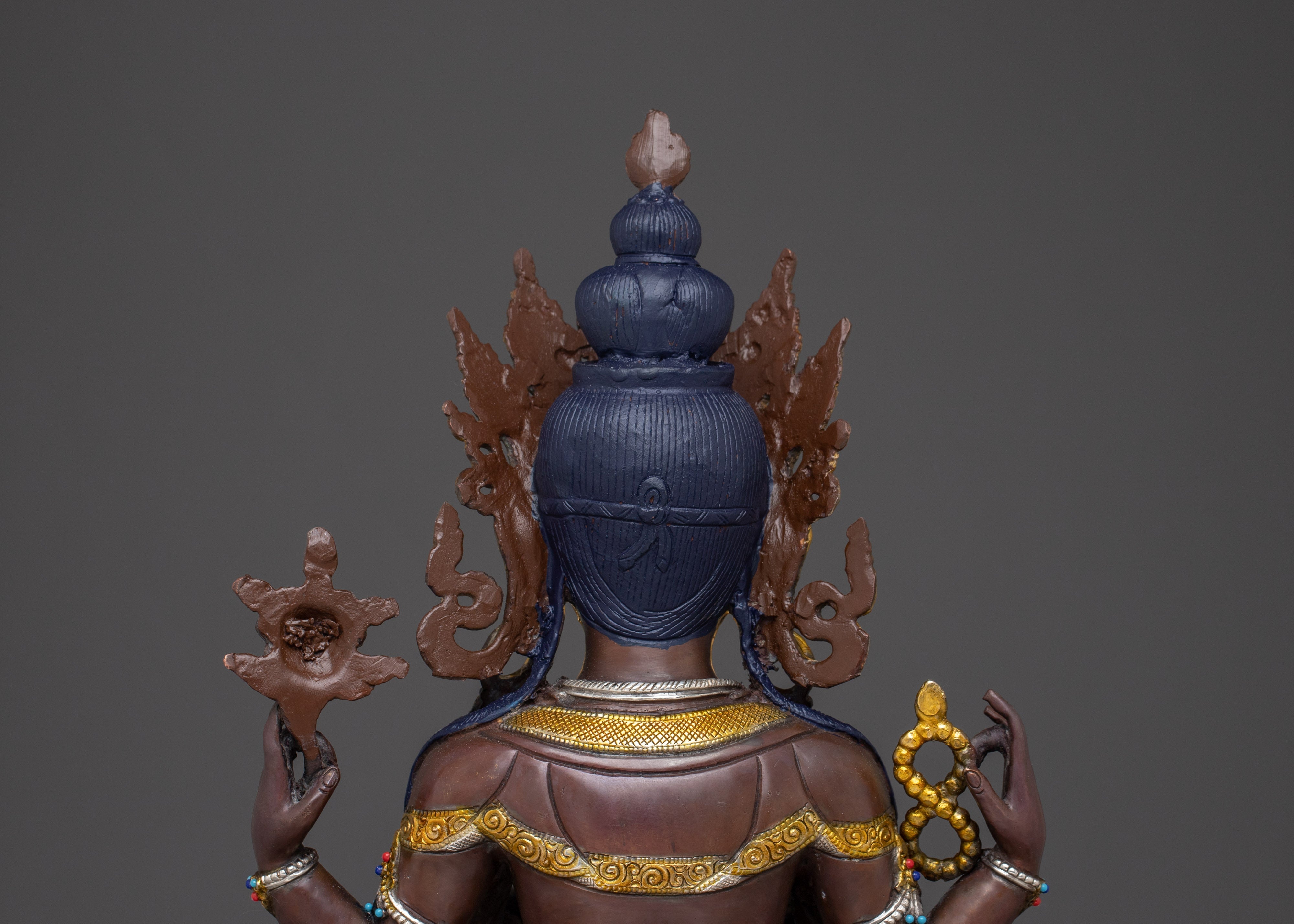 Handcrafted Four-Armed Chenrezig Statue | Oxidized Copper & Gold Plated Figurine