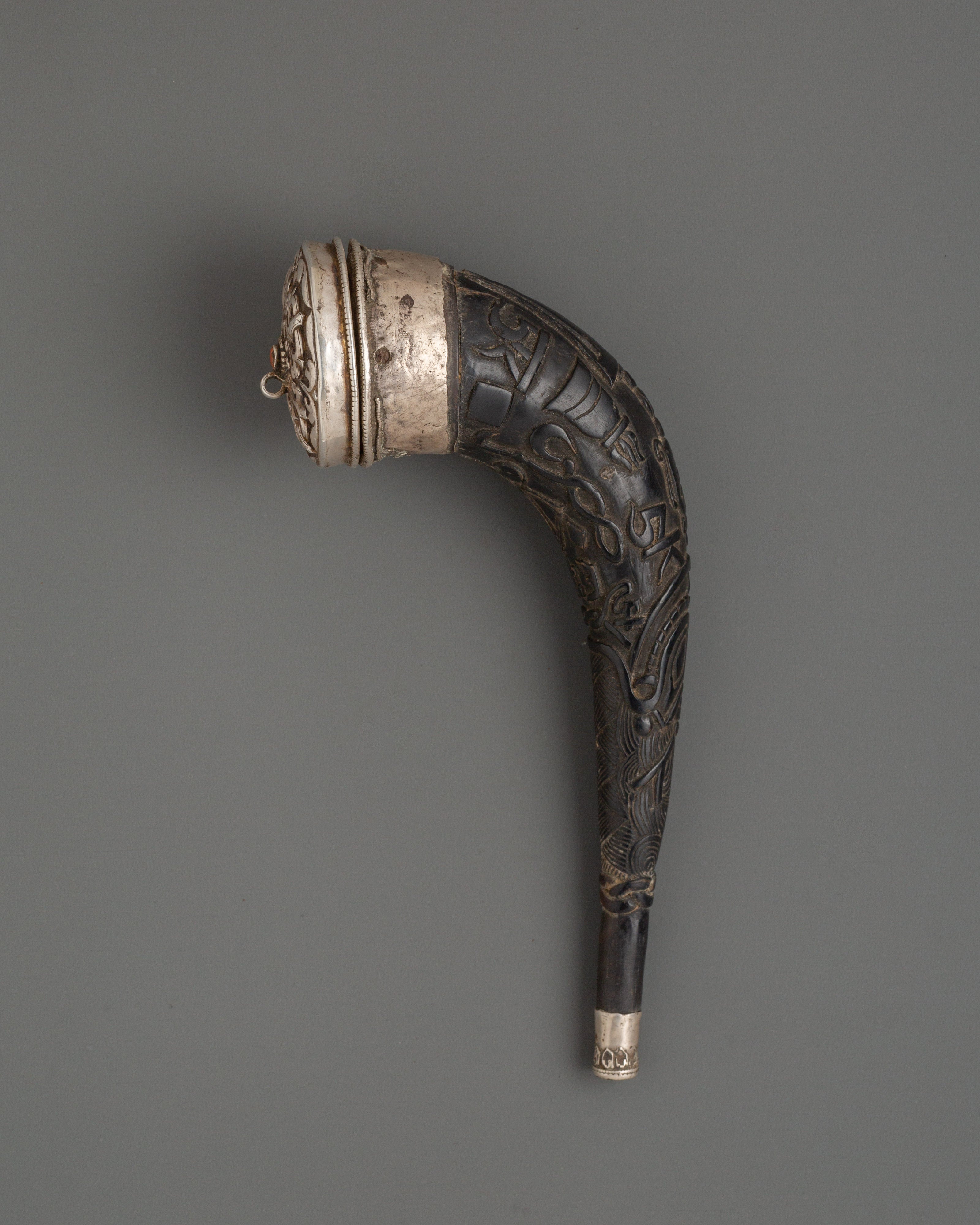 Tibetan Snuff Horn with Pure Silver and Coral | Ethically Sourced Yak Horn Snuff Box