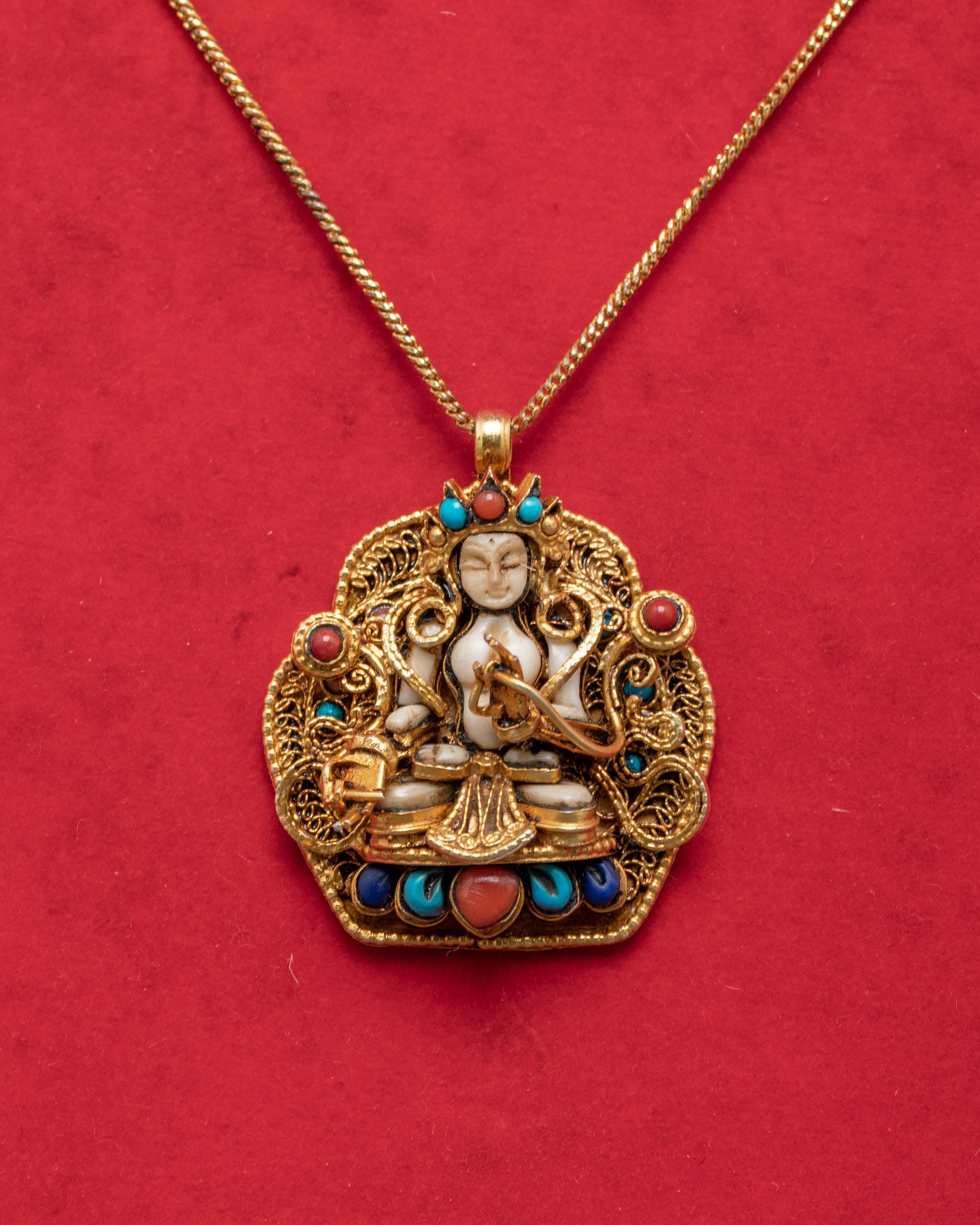 Sacred White Tara Pendant | Gold-Plated Tibetan Healing Amulet