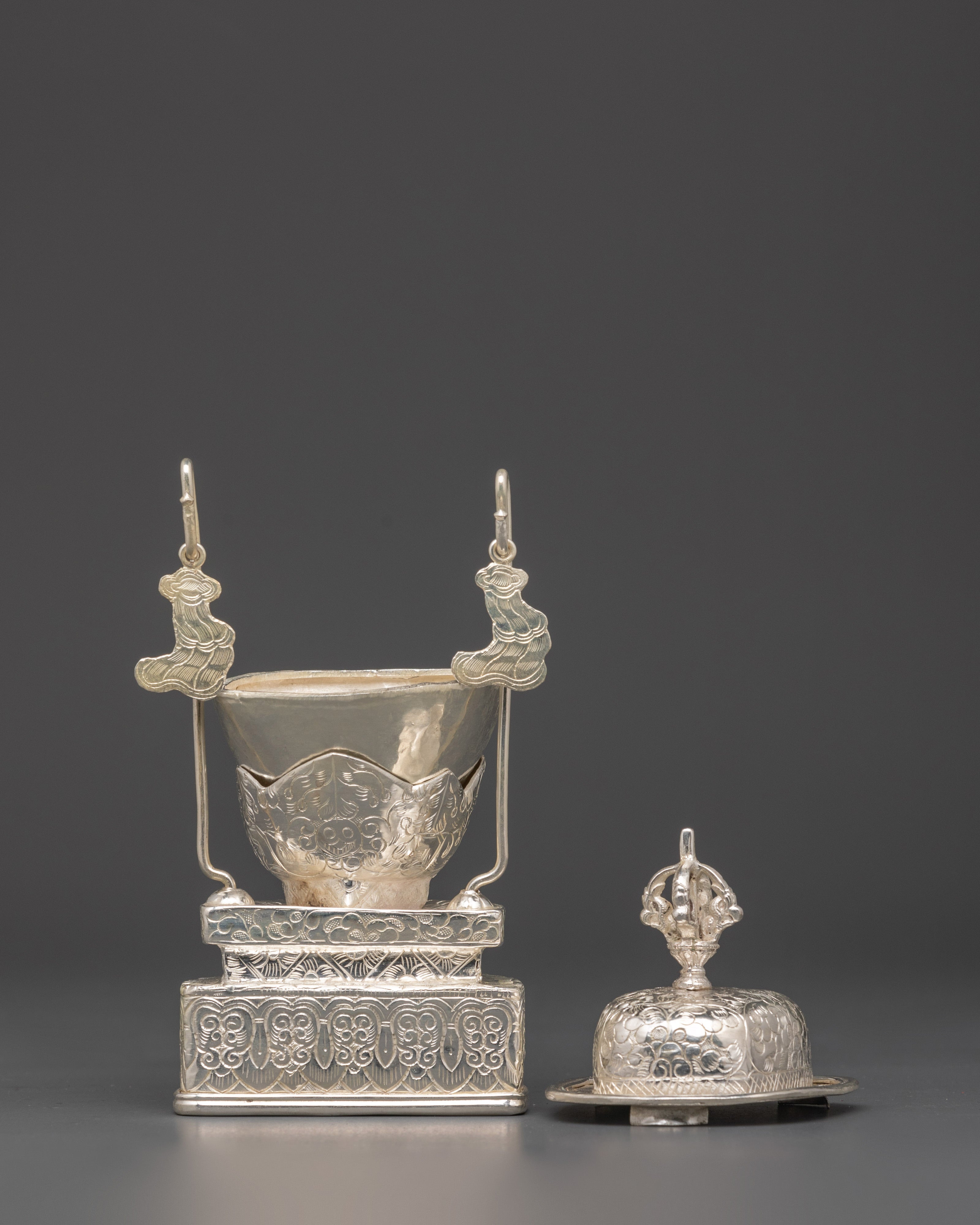 Silver-Plated Tibetan Kapala Set | Sacred Skull Cup for Tantric Offerings