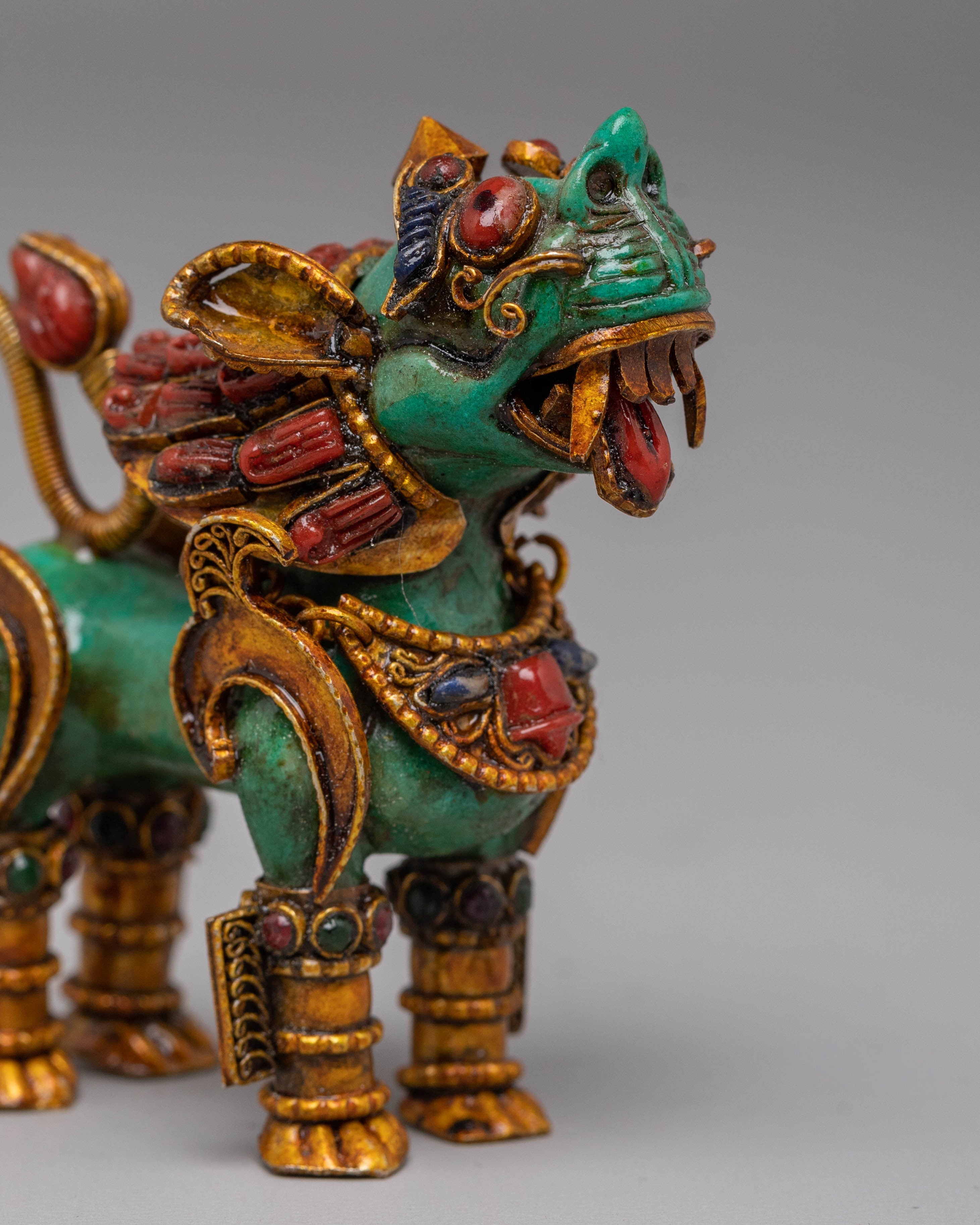 Himalayan Crystal Stupa and Guardian Lion Set | Electro Gold-Plated Tibetan Art