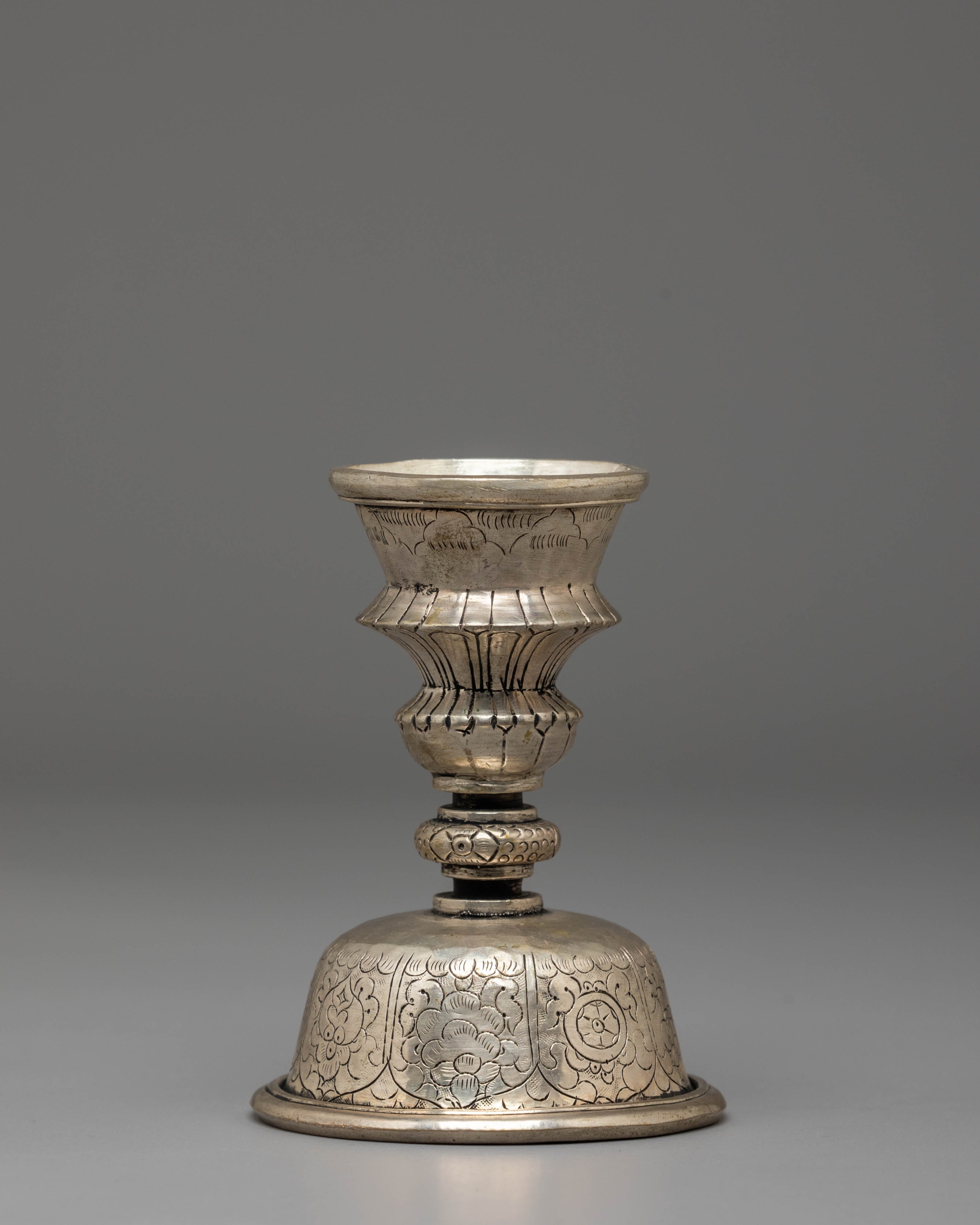 Handmade Buddhist Dharma Offering Lamp | Silver Plated Copper Ritual Light