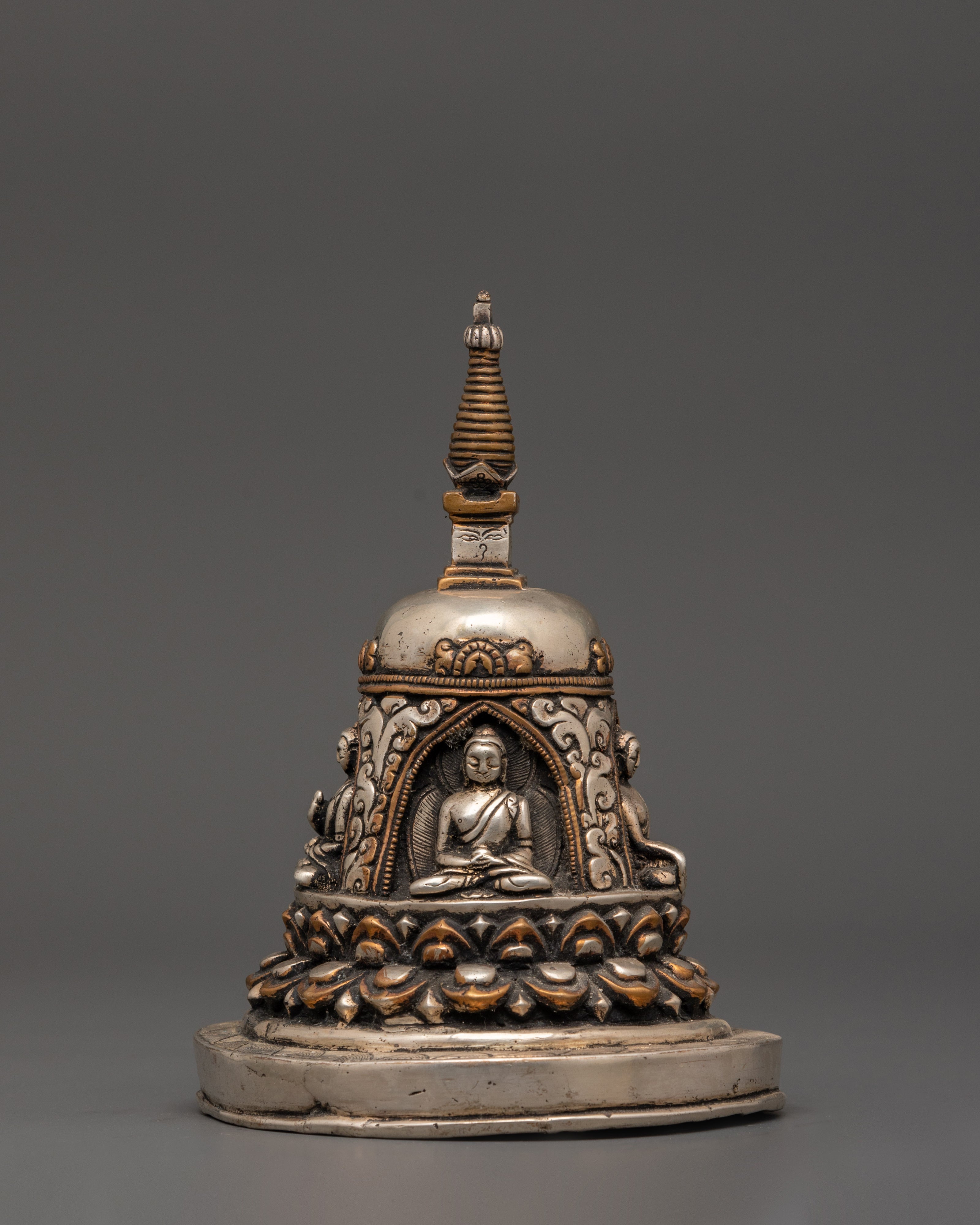 Oxidized Copper Stupa with Silver Plating 4 Buddha Engraved | Spiritual Home Decor