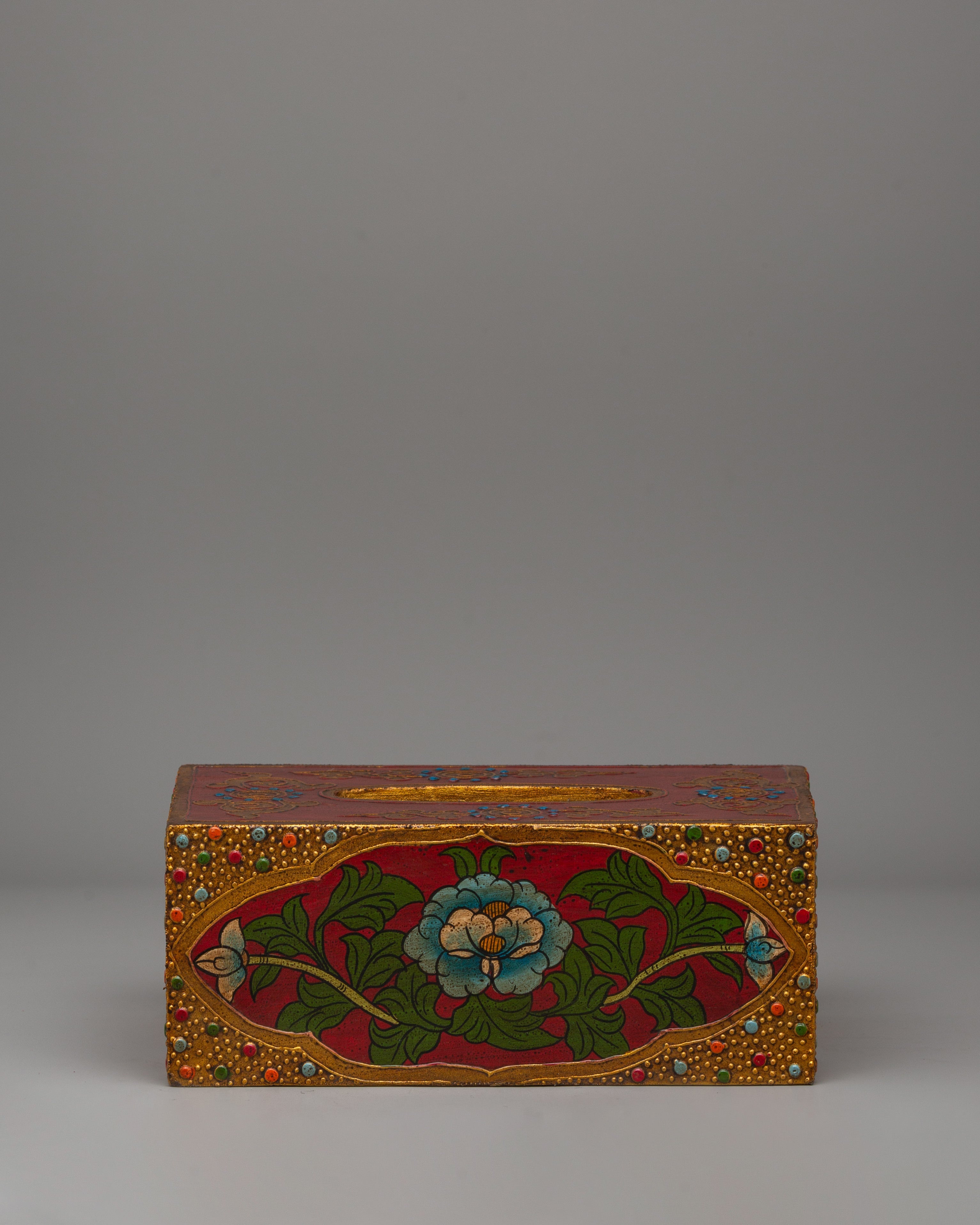 Handmade Tibetan Floral Tissue Holder | Painted Wooden Decor