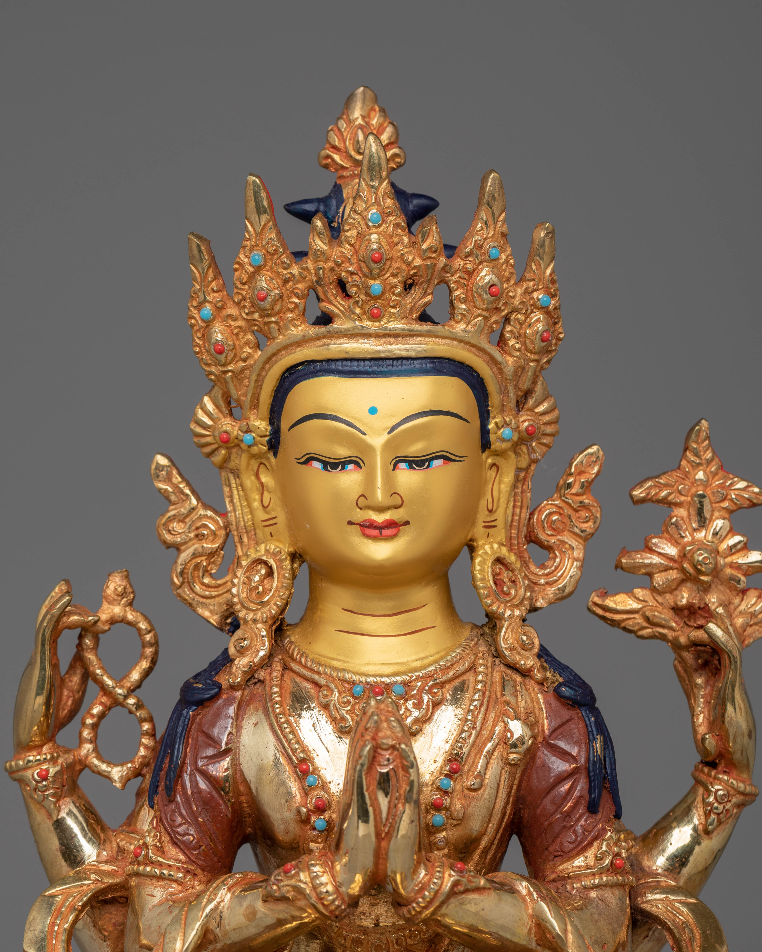 Handcrafted Tibetan Chenrezig Sculpture | Gold-Plated with Coral & Turquoise