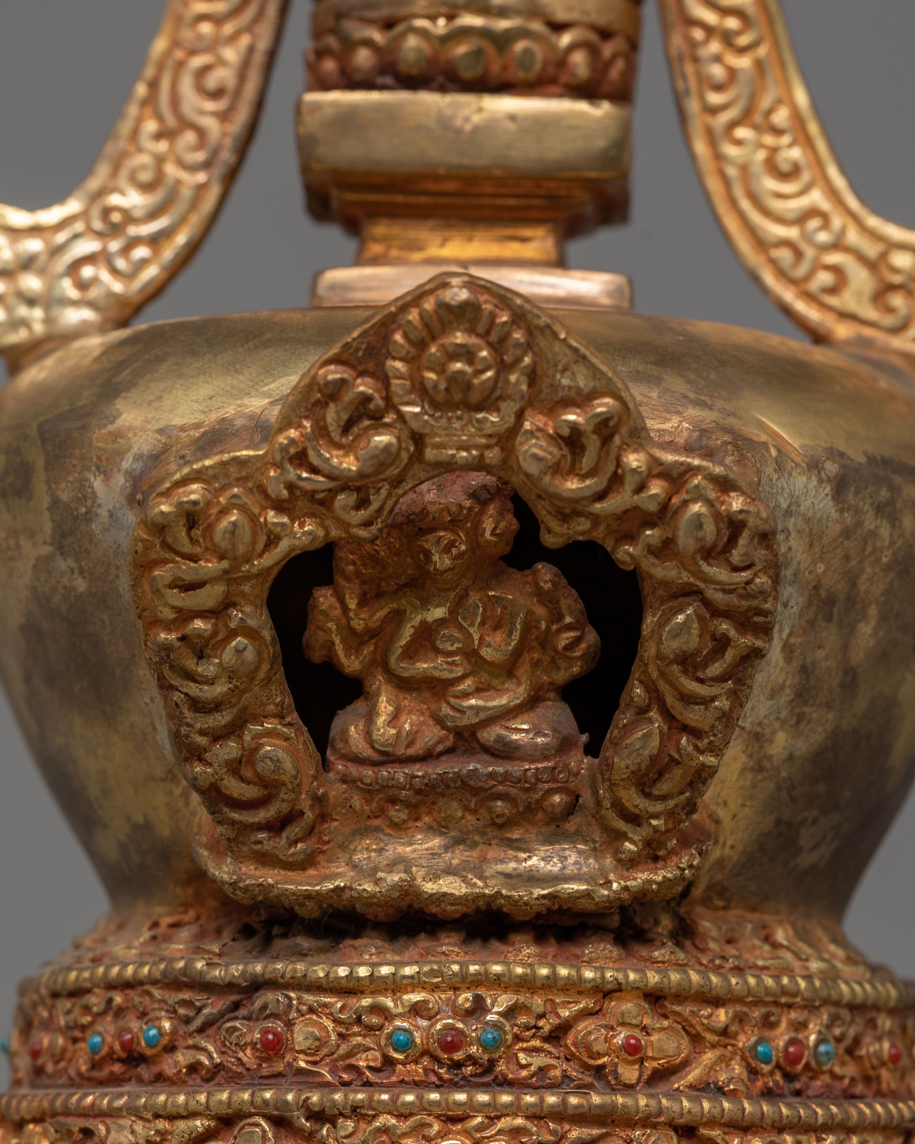 Handcrafted Buddhist Shrine Stupa | Gold Plated Tibetan Ritual Stupa Art