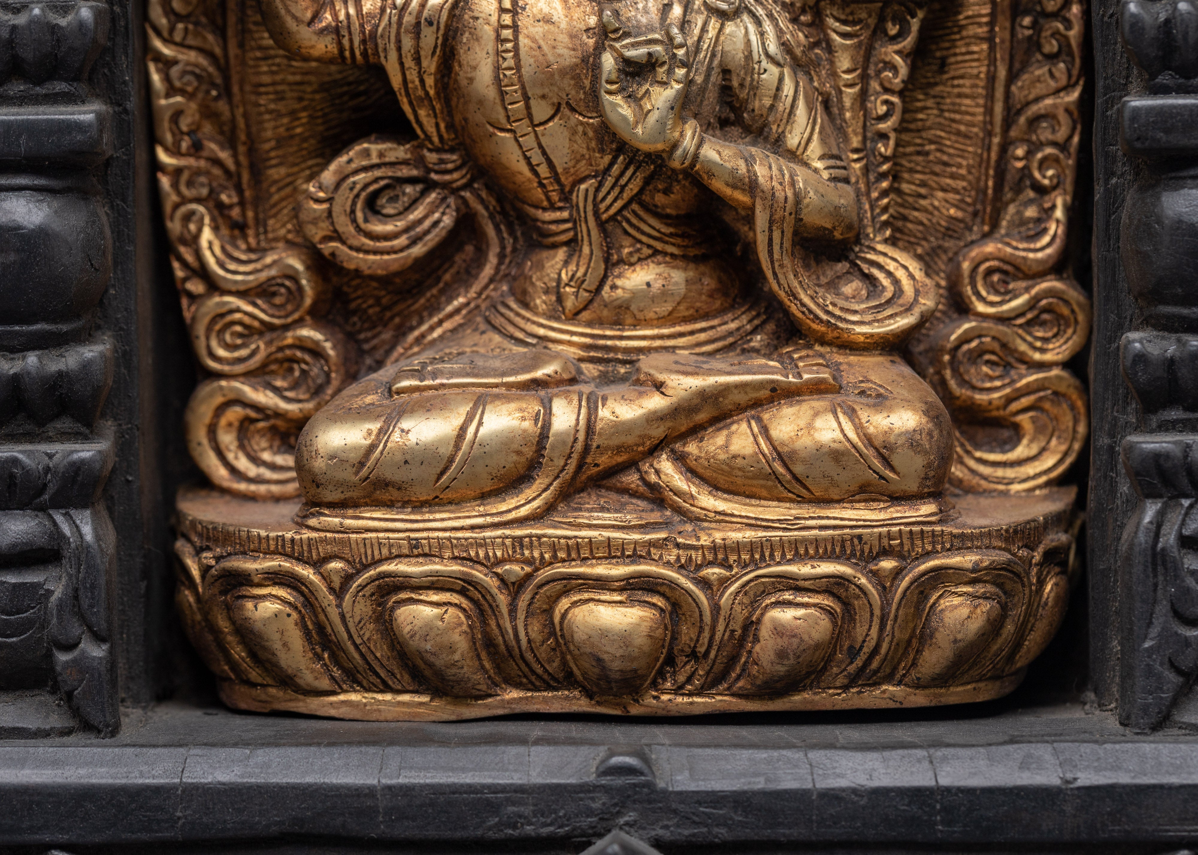 Gold Plated Manjushri Statue with Wooden Frame | Tibetan Bodhisattva of Wisdom