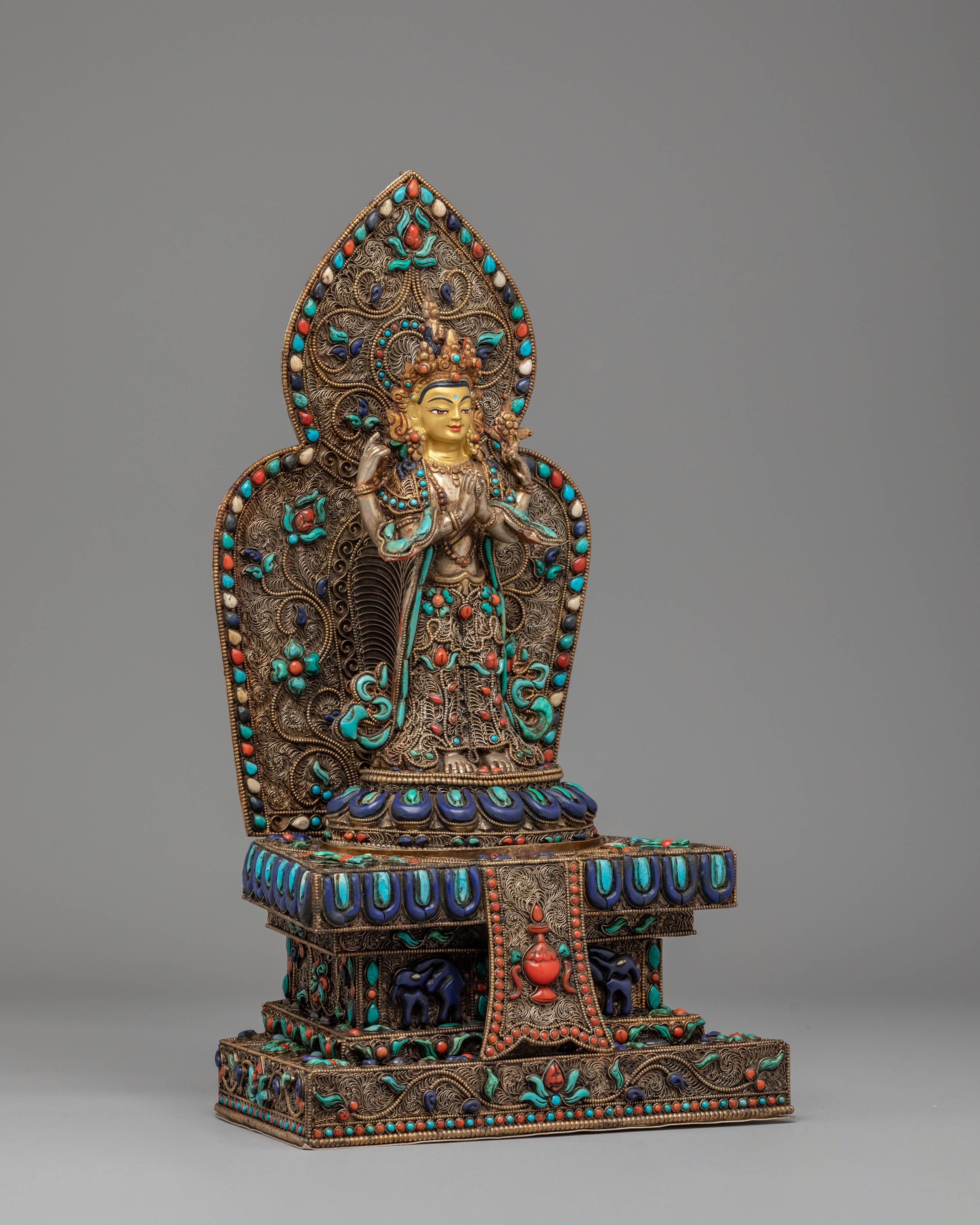 Divine Bodhisattva Standing Chenrezig Statue | Copper & Silver Plated Art