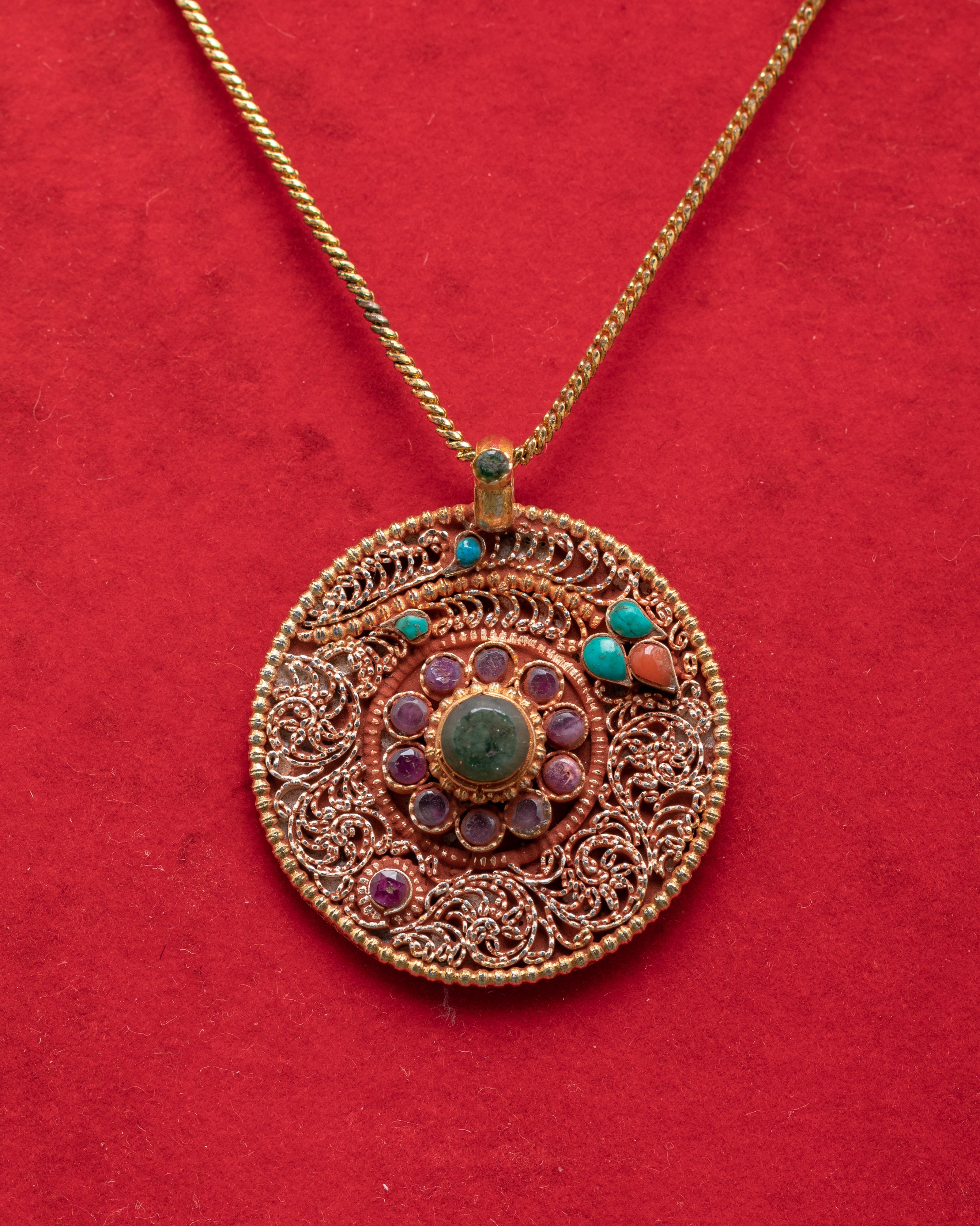 Handmade Silver & Gold Flower Locket | Coral, Ruby & Turquoise Jewelry