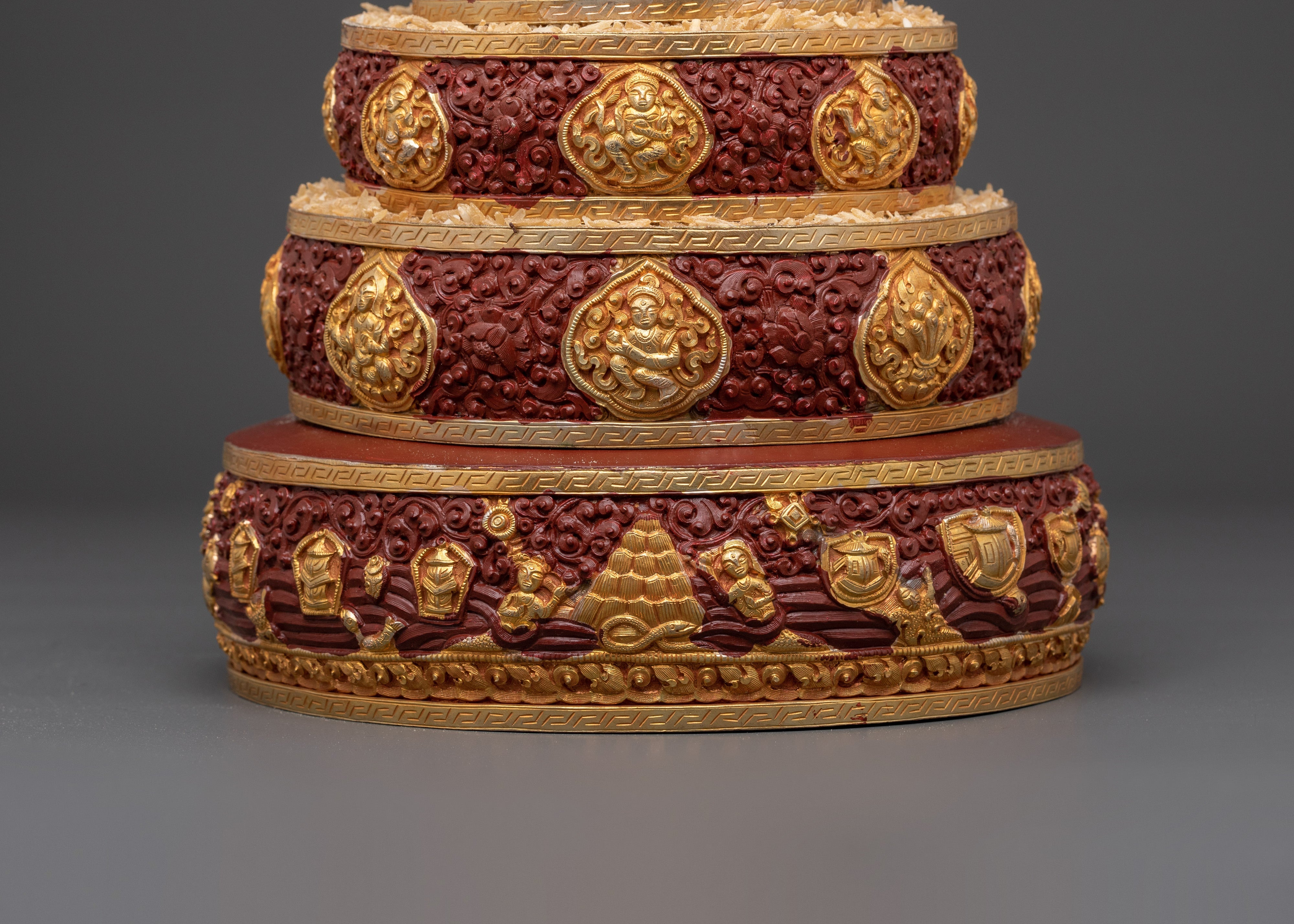 Mandala For Offering |  Copper with Gold Plating & Coral Stones