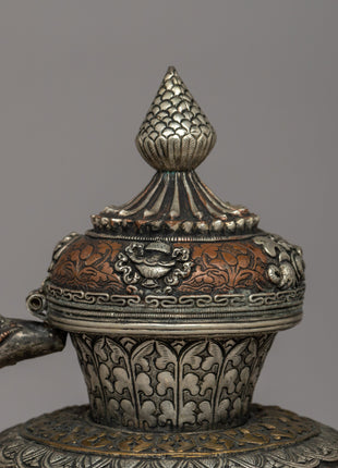 Religious Tibetan Tea Pot | A Sacred Silver-Plated Offering Vessel